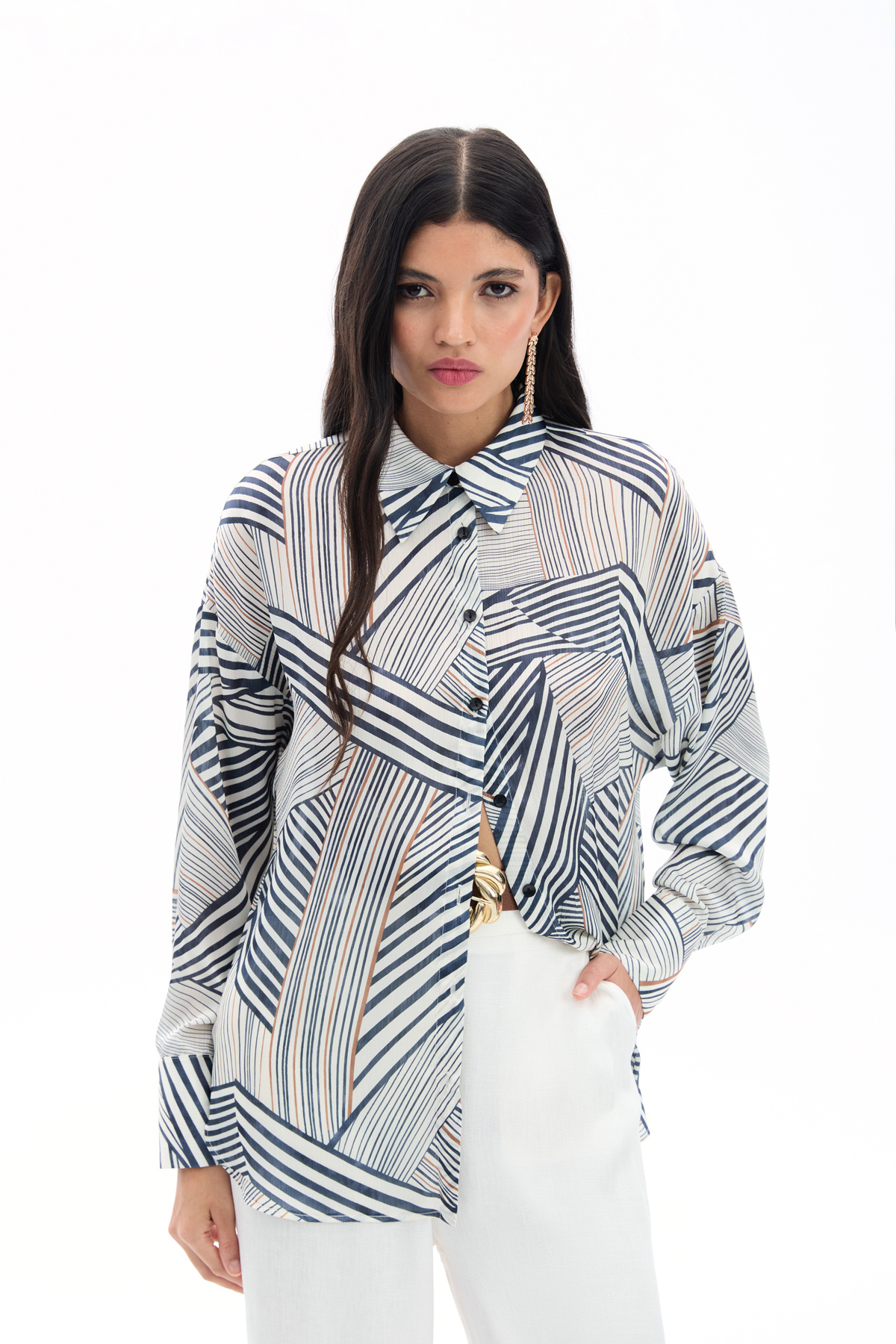 Çizgi Desenli Salaş Gömlek - Siyah