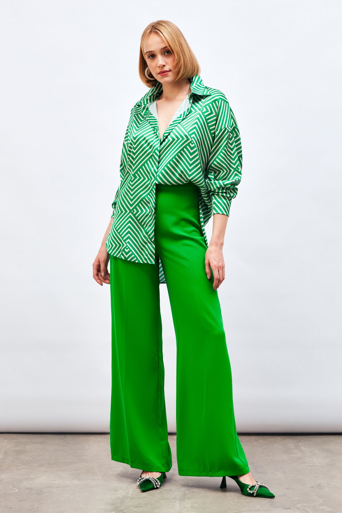 Çizgi Desenli Salaş Gömlek - YEŞİL