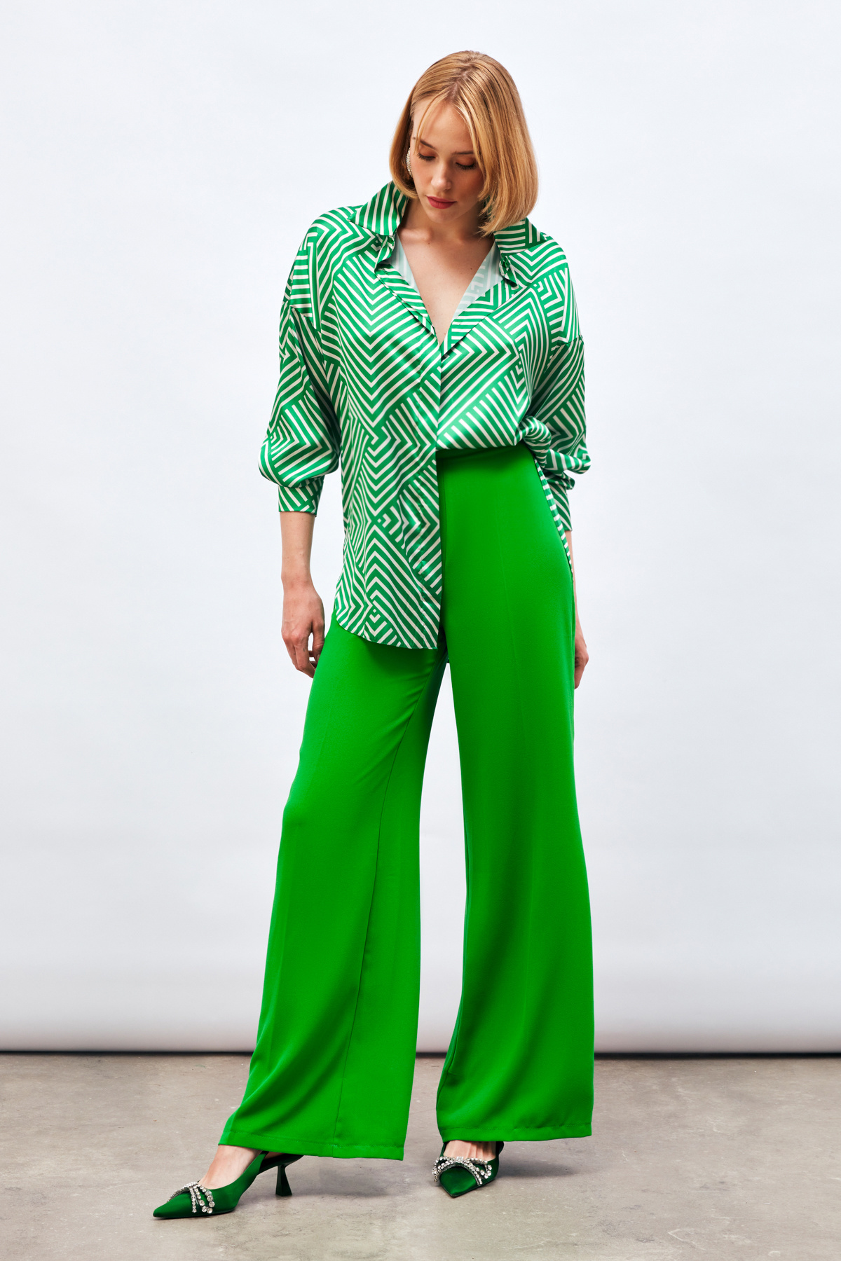 Çizgi Desenli Salaş Gömlek - YEŞİL