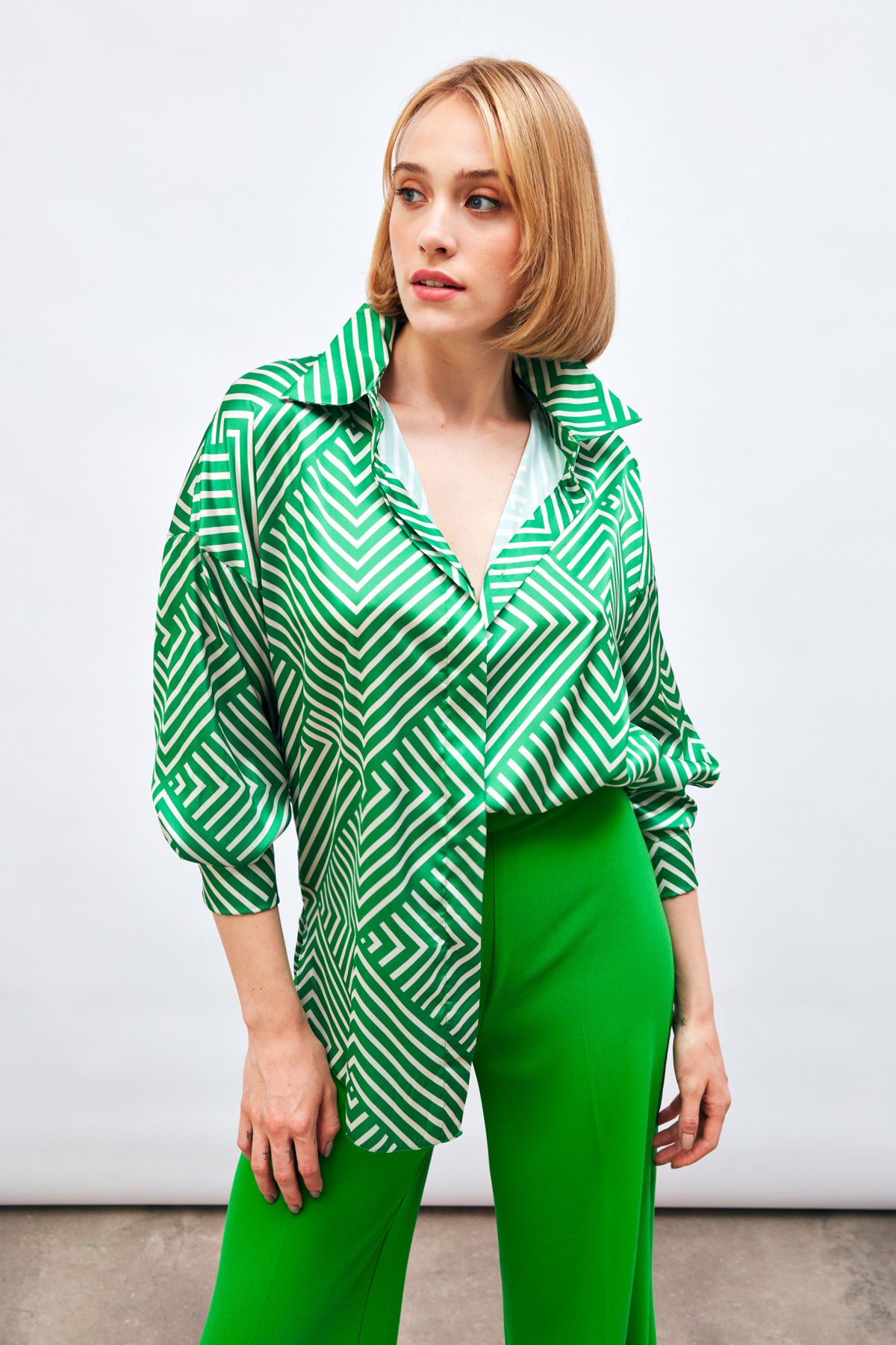 Çizgi Desenli Salaş Gömlek - YEŞİL