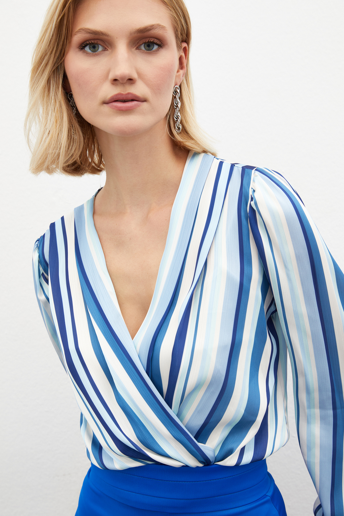 Çizgili Bodysuit Bluz - İNDİGO