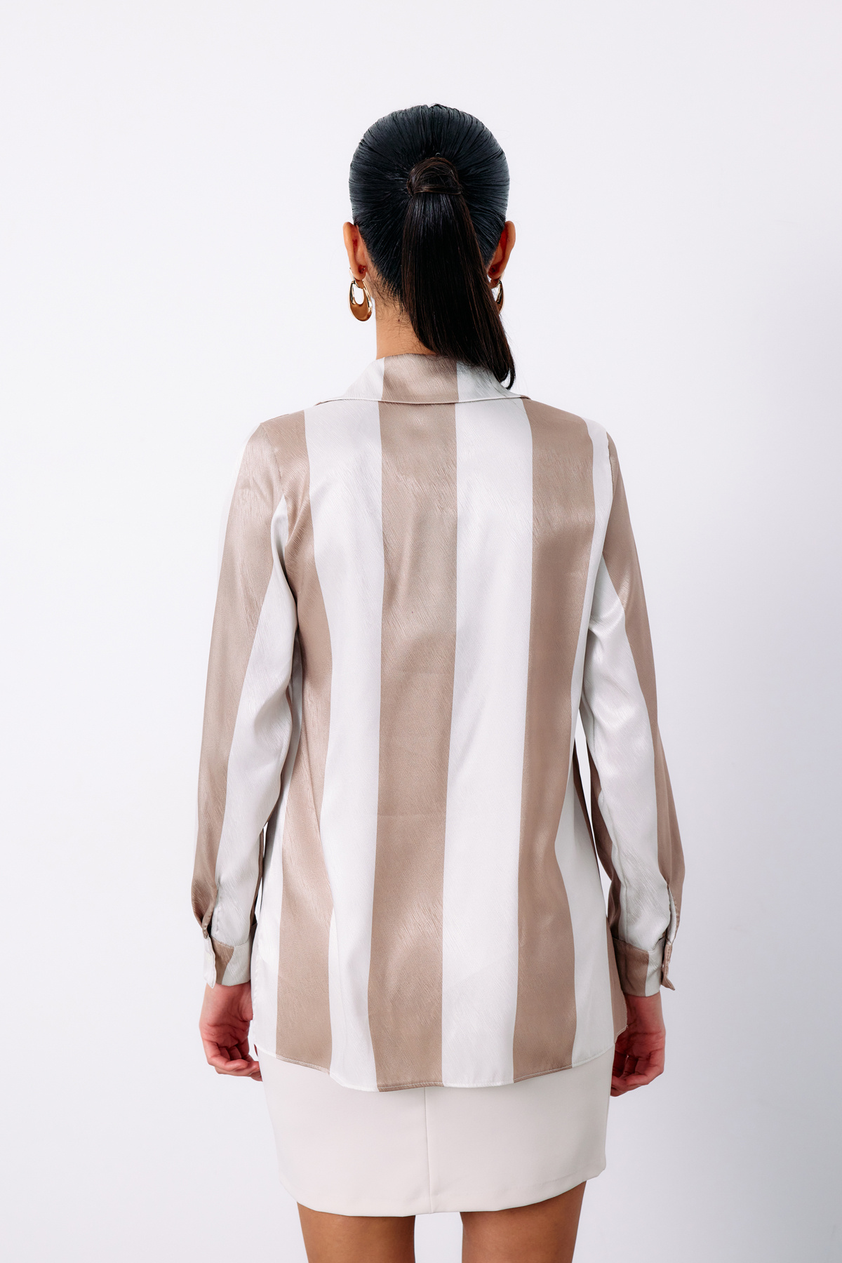 Çizgili Düz Gömlek - BEJ