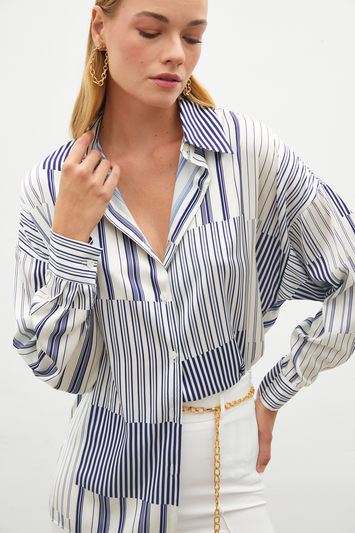 Çizgili Düz Gömlek - SAX MAVİ