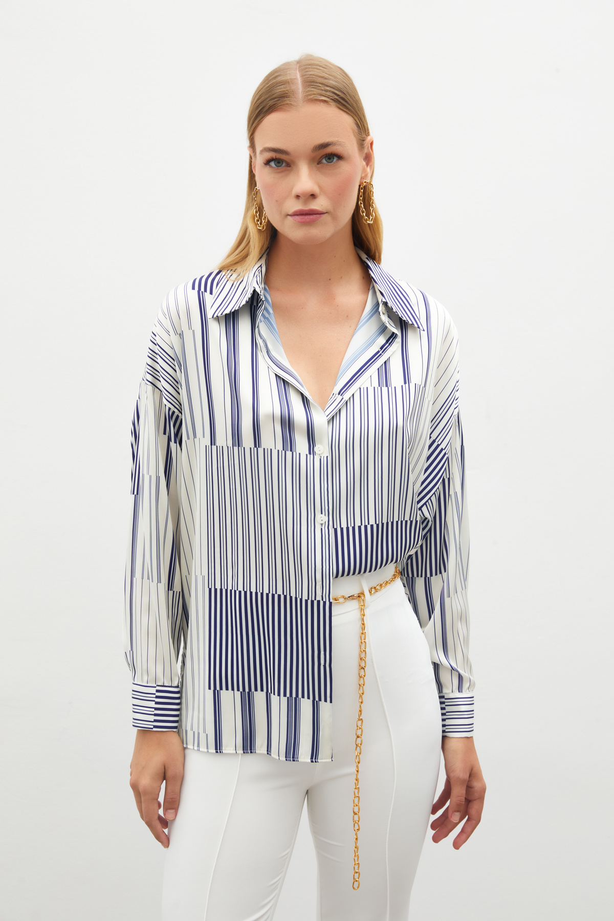 Çizgili Düz Gömlek - SAX MAVİ