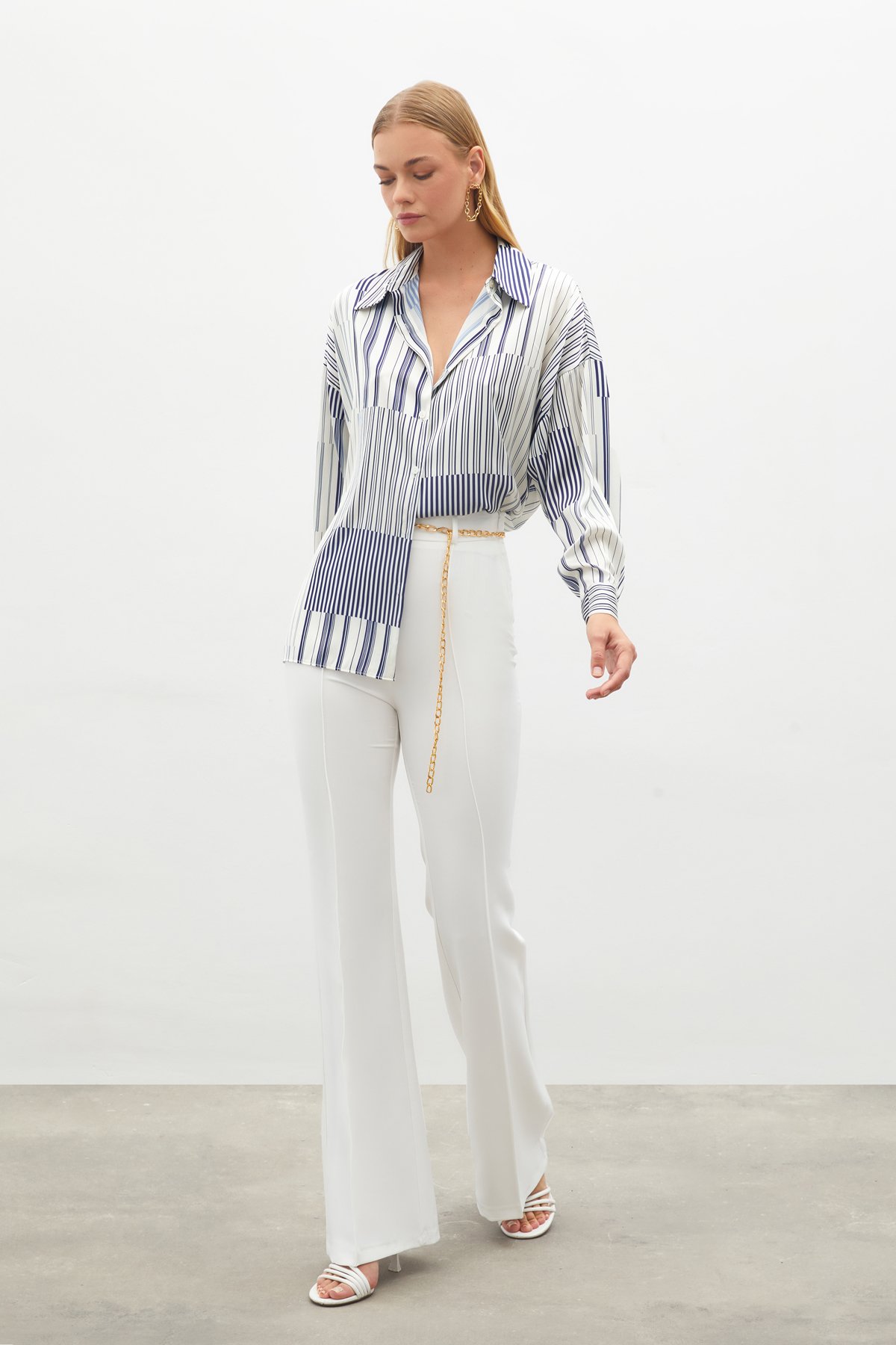 Çizgili Düz Gömlek - SAX MAVİ