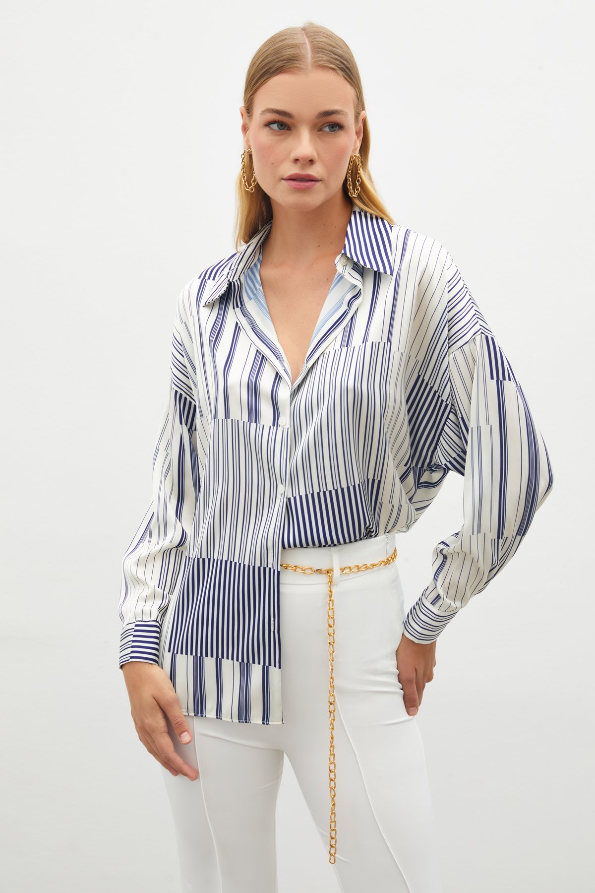 Çizgili Düz Gömlek - SAX MAVİ