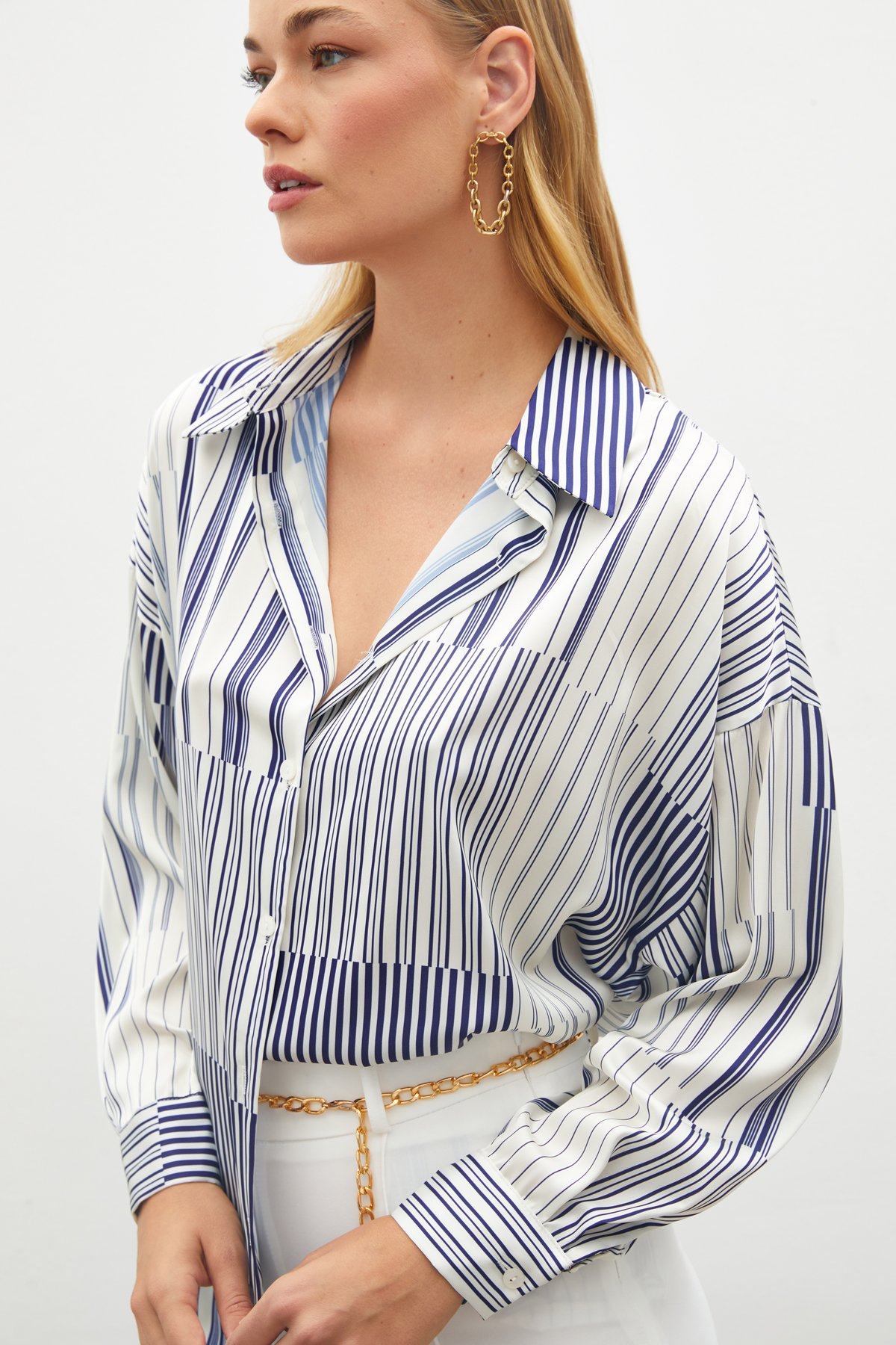 Çizgili Düz Gömlek - SAX MAVİ