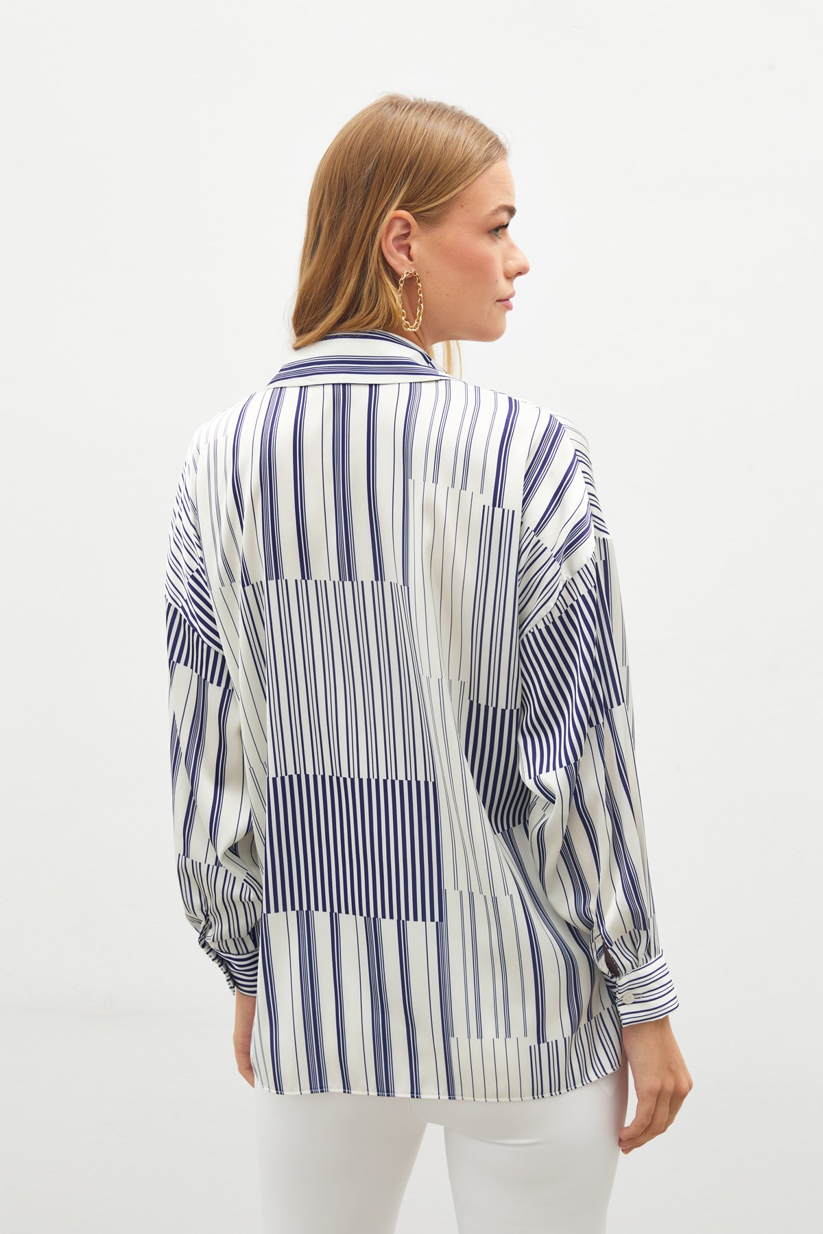 Çizgili Düz Gömlek - SAX MAVİ