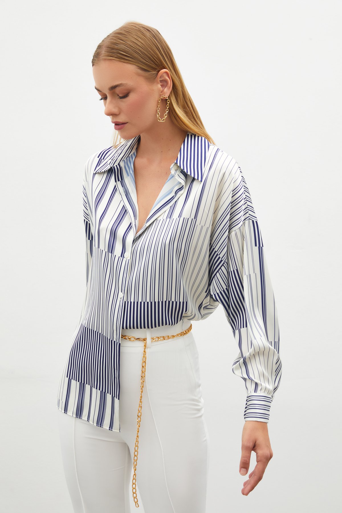 Çizgili Düz Gömlek - SAX MAVİ