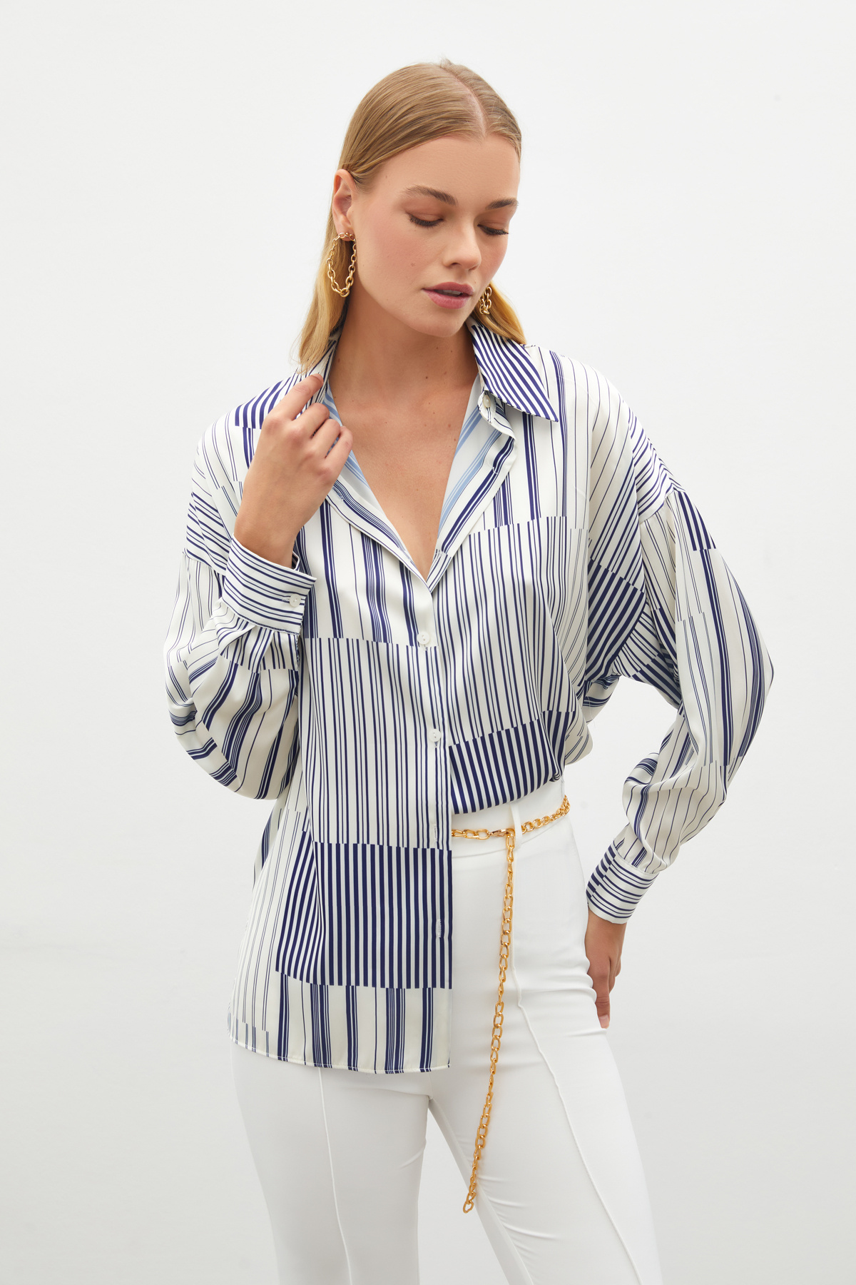 Çizgili Düz Gömlek - SAX MAVİ