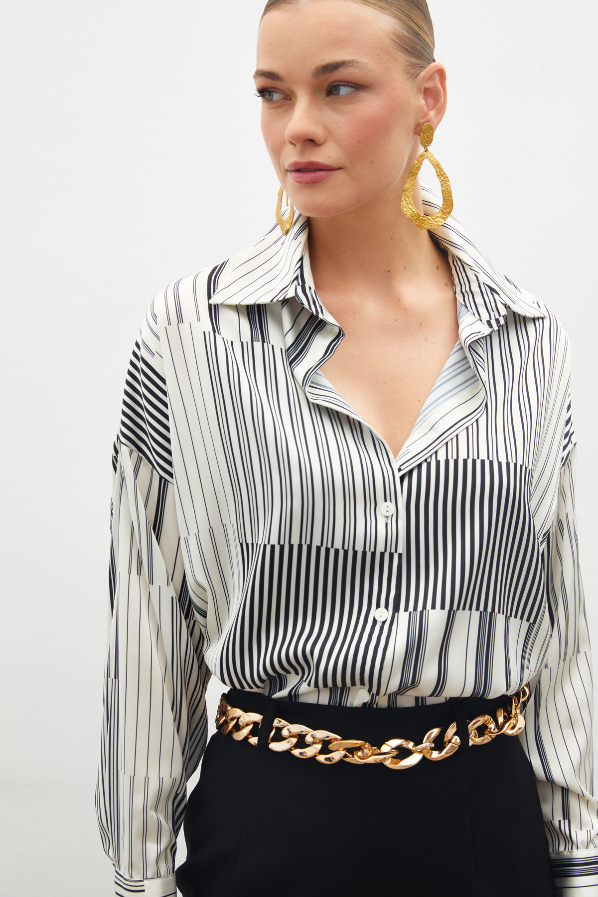 Çizgili Düz Gömlek - SİYAH