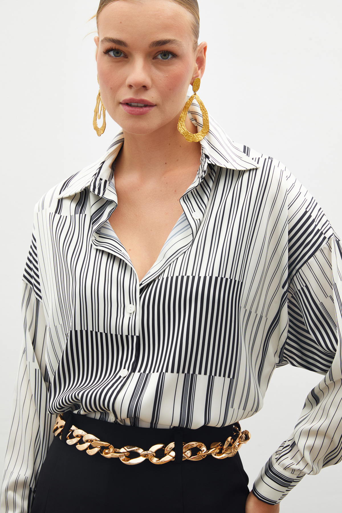 Çizgili Düz Gömlek - SİYAH