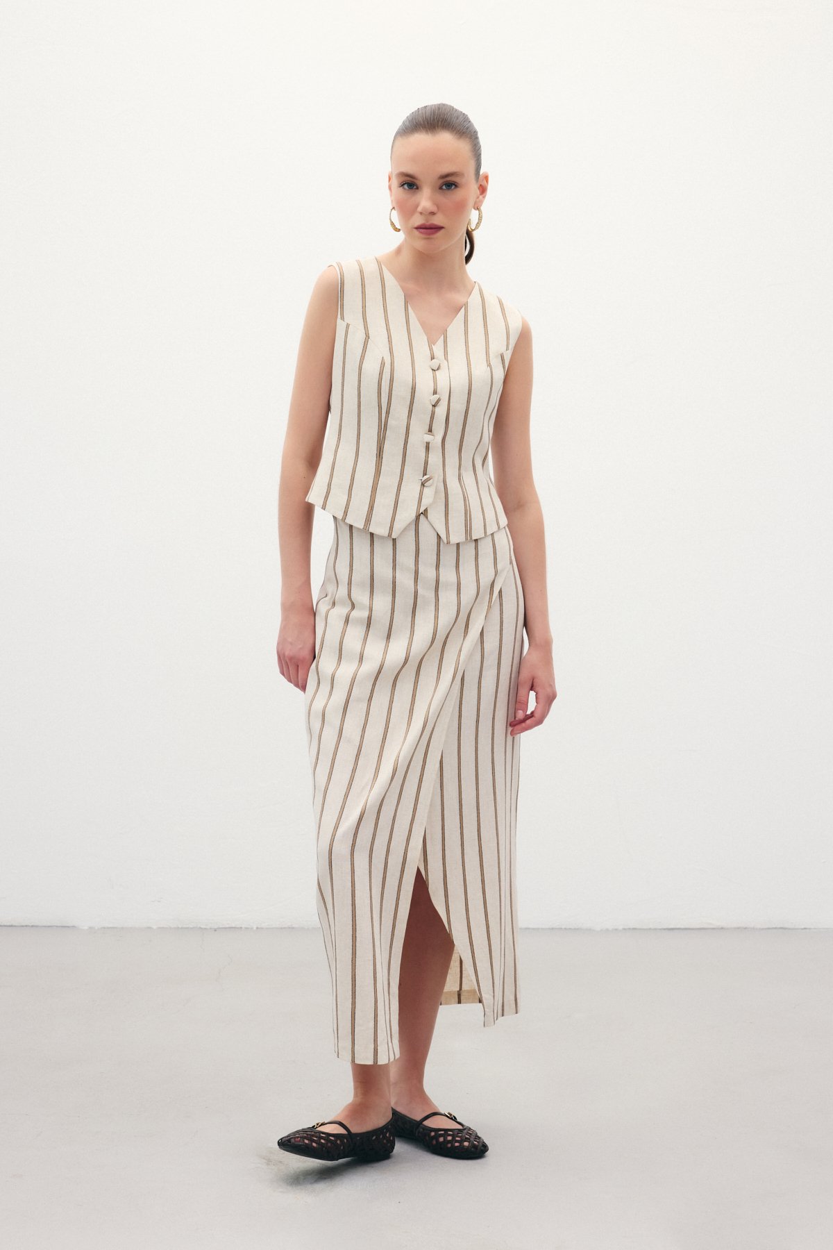 Çizgili Keten Etek - Camel