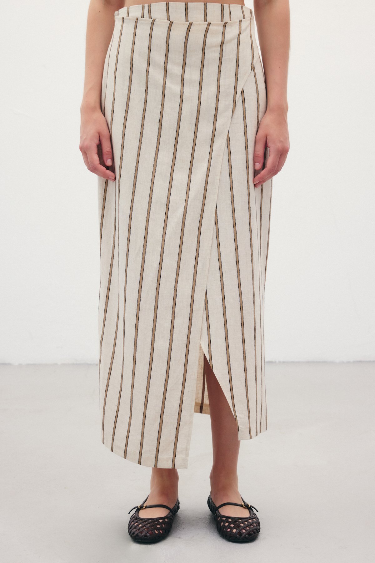 Çizgili Keten Etek - Camel