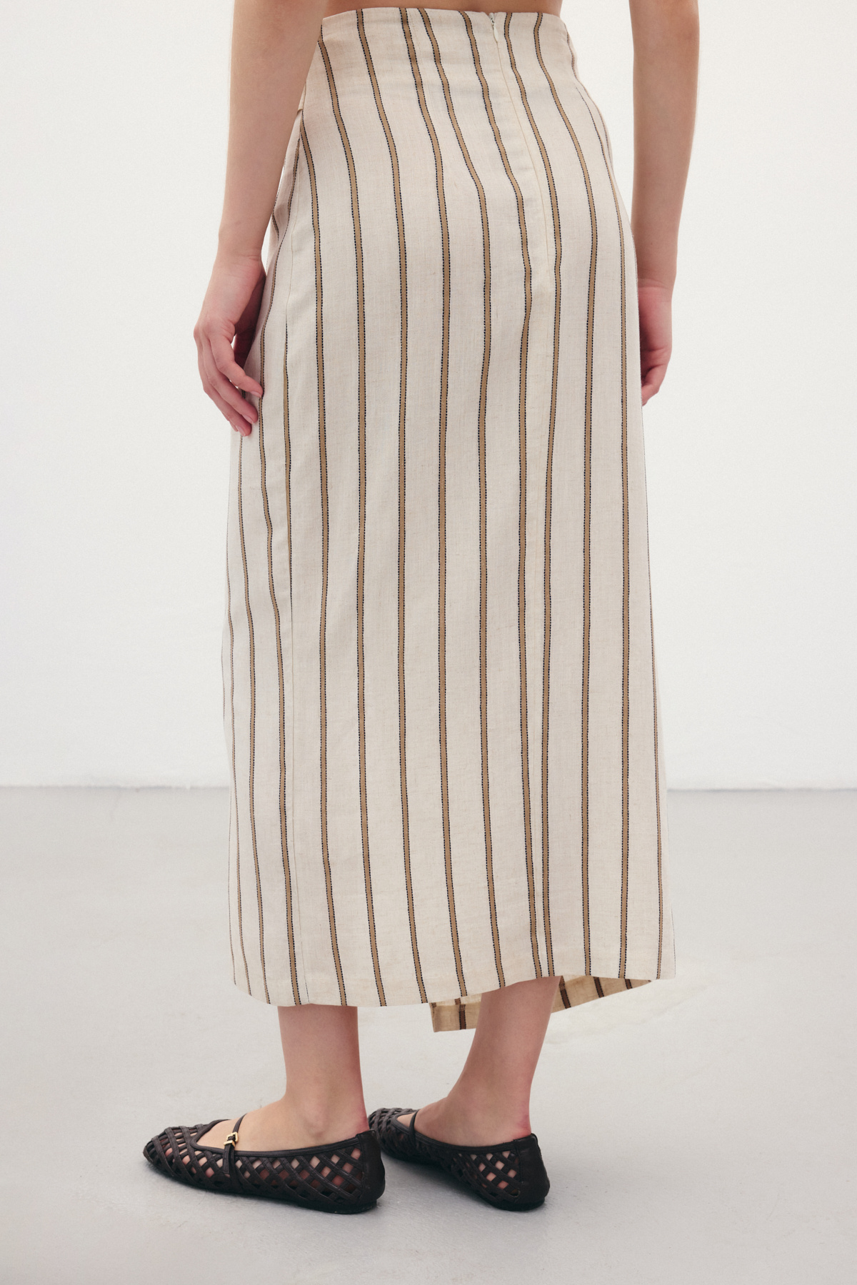 Çizgili Keten Etek - Camel