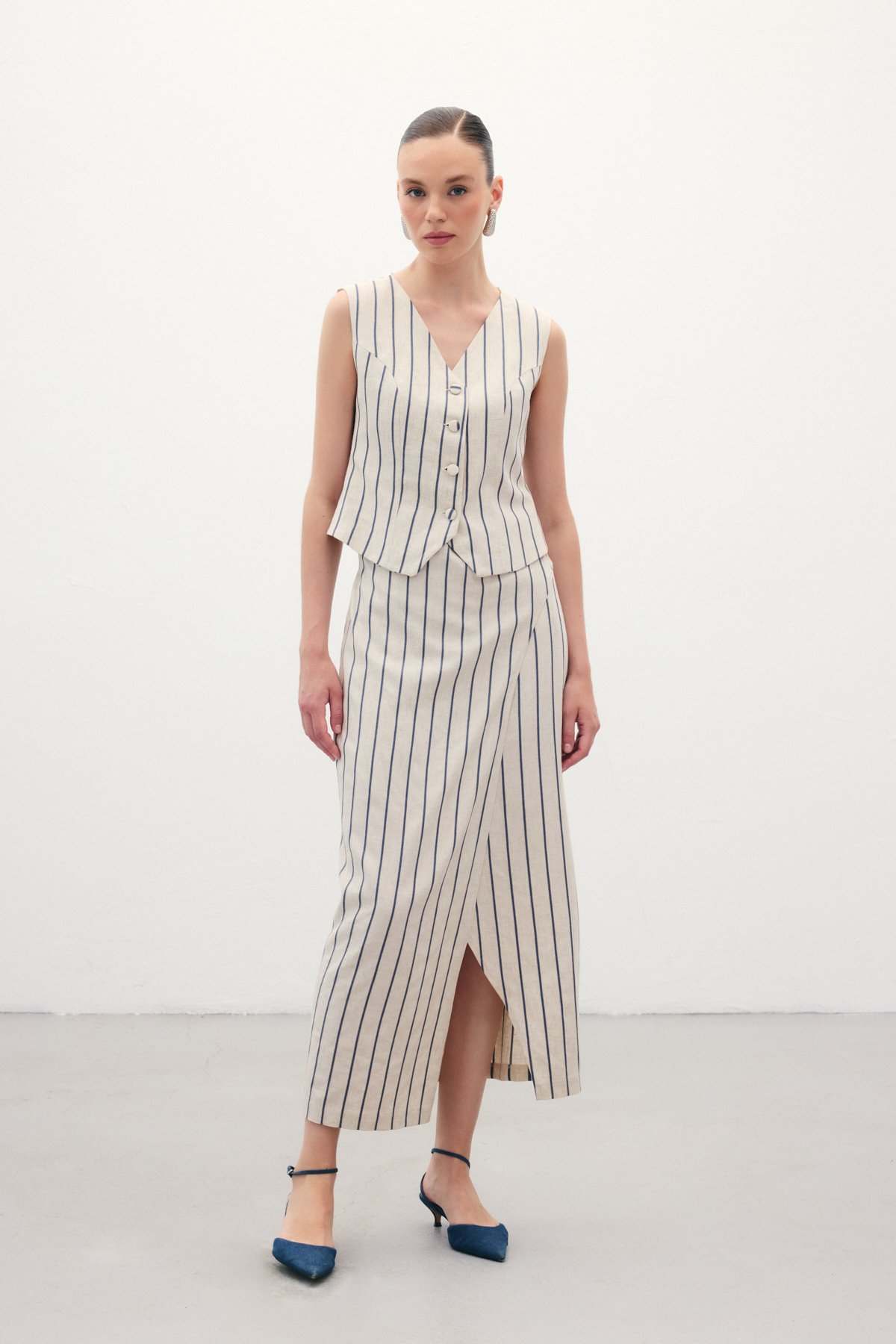 Çizgili Keten Etek - Lacivert