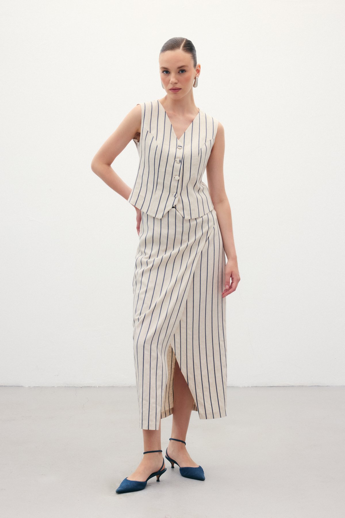 Çizgili Keten Etek - Lacivert