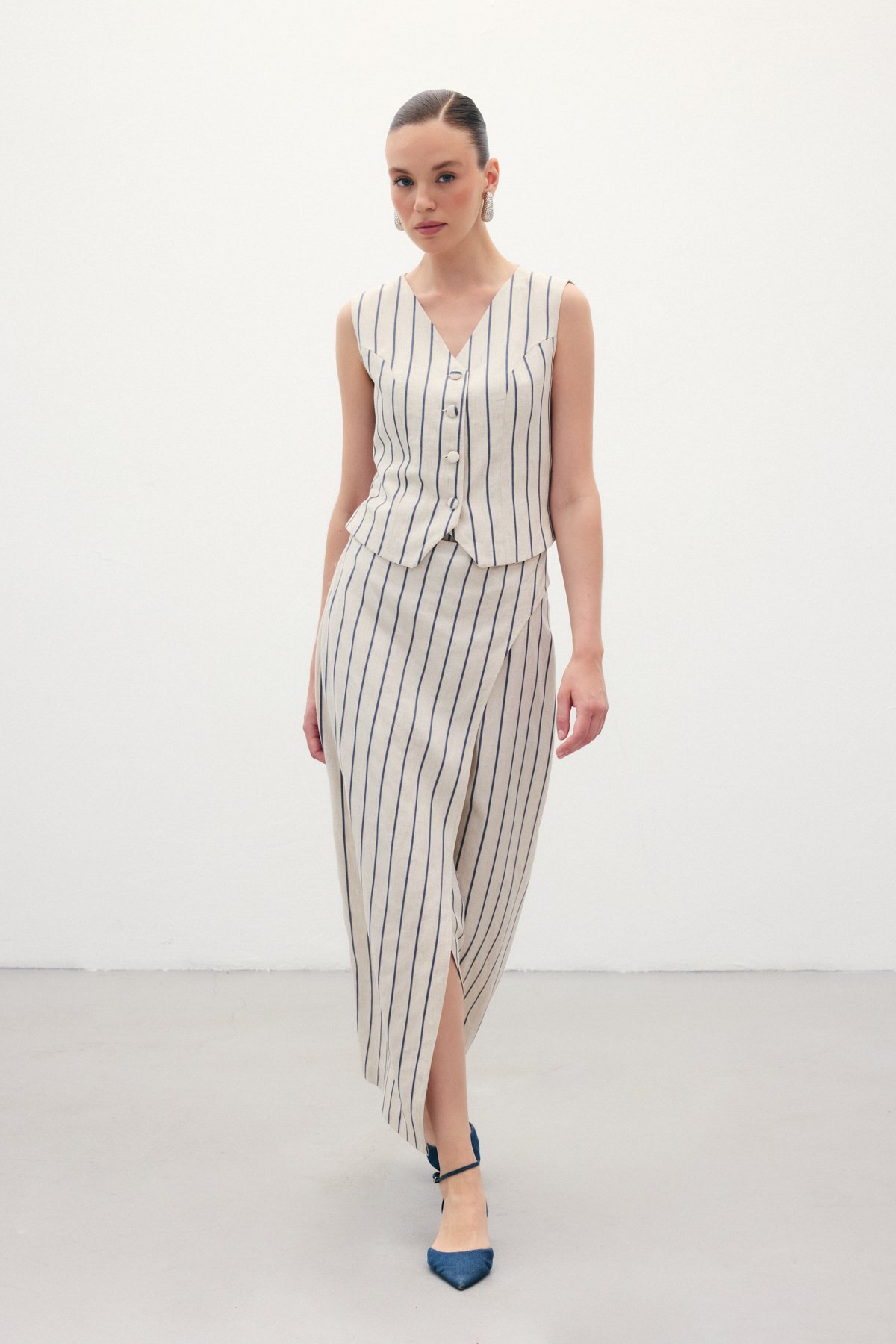 Çizgili Keten Etek - Lacivert