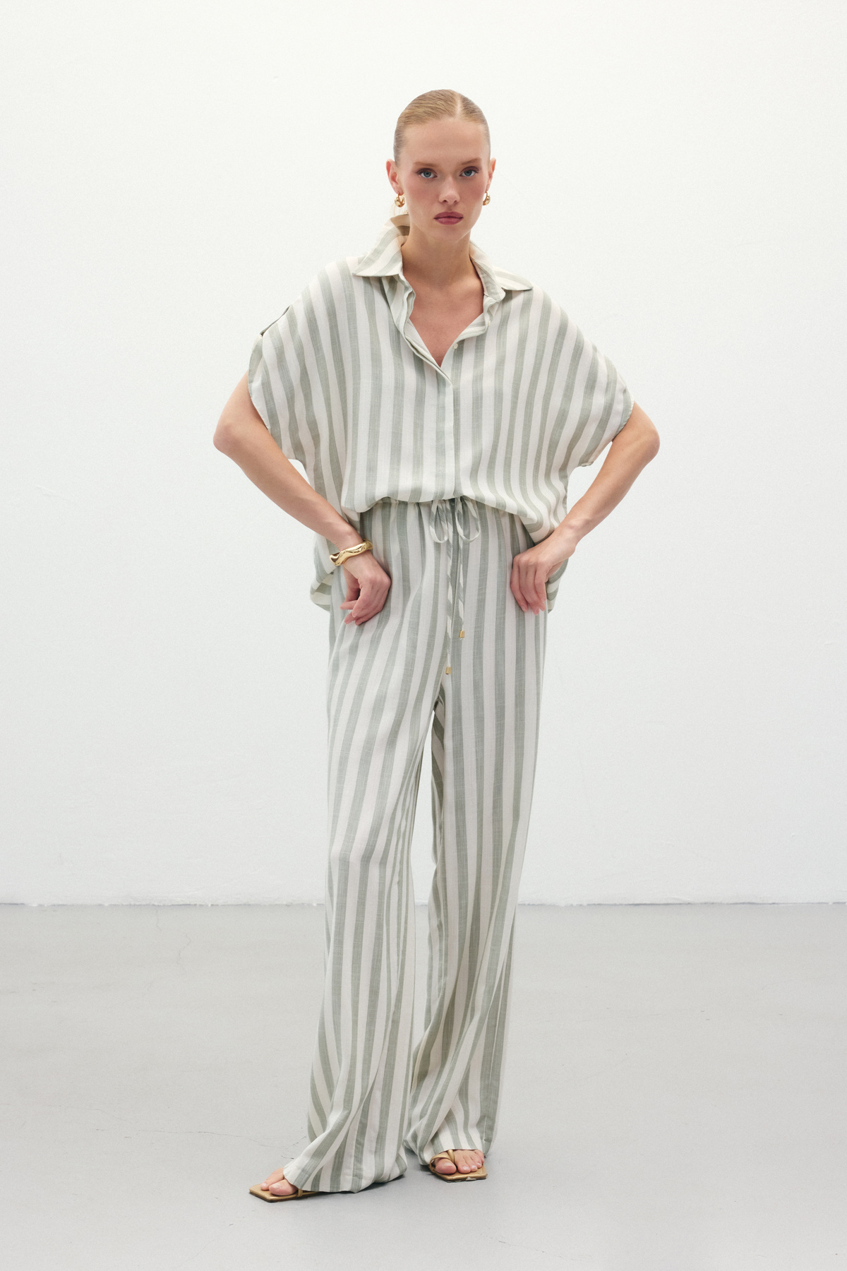 Çizgili Keten Karışımlı Pantolon - Haki