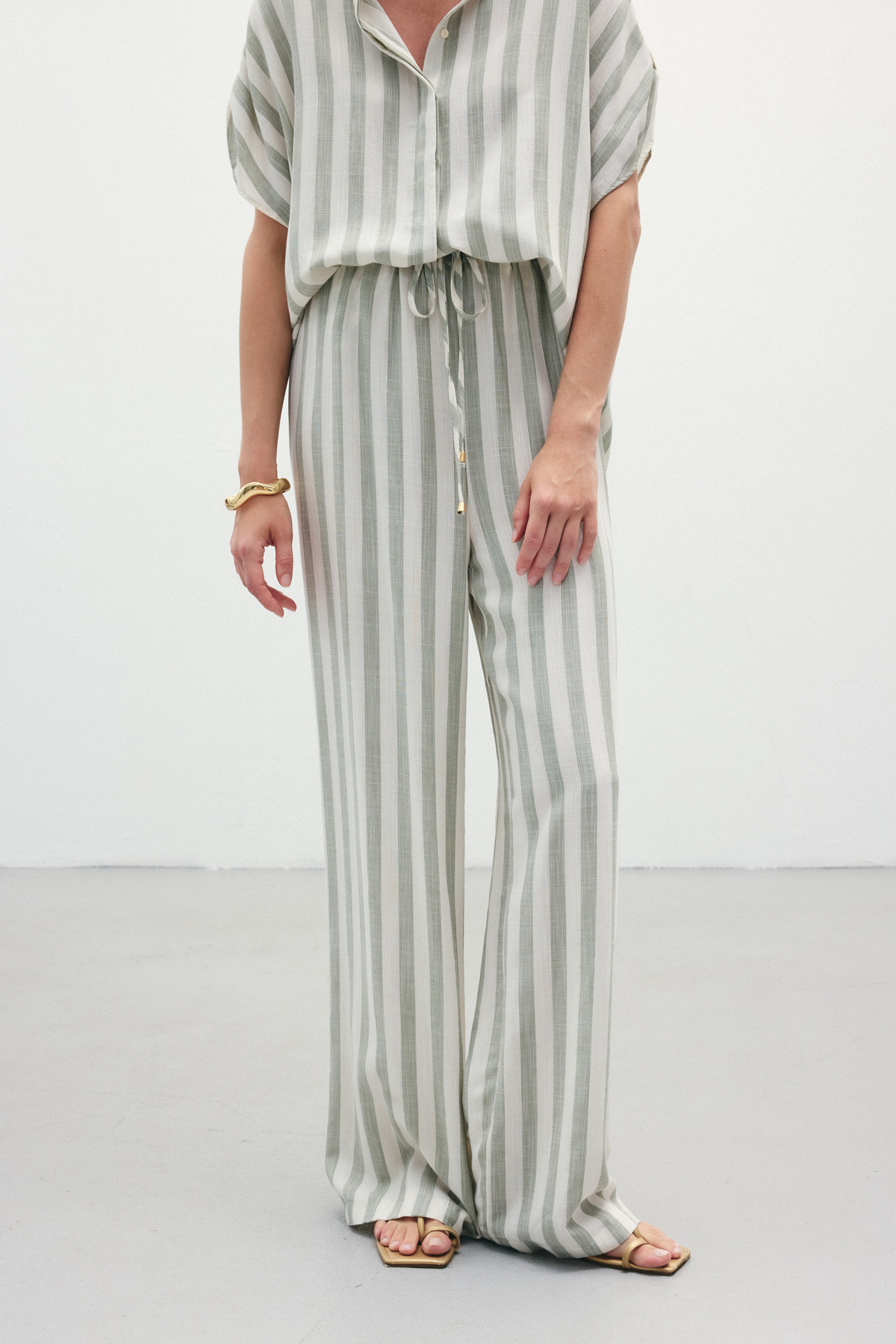 Çizgili Keten Karışımlı Pantolon - Haki