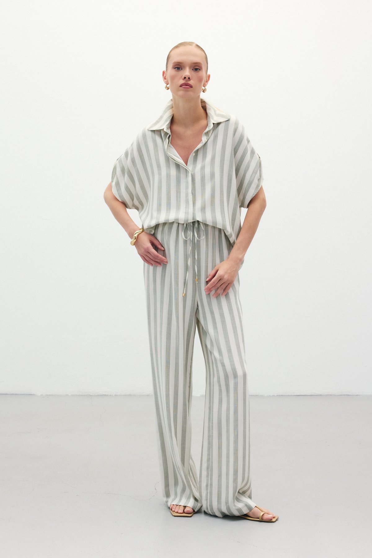 Çizgili Keten Karışımlı Pantolon - Haki