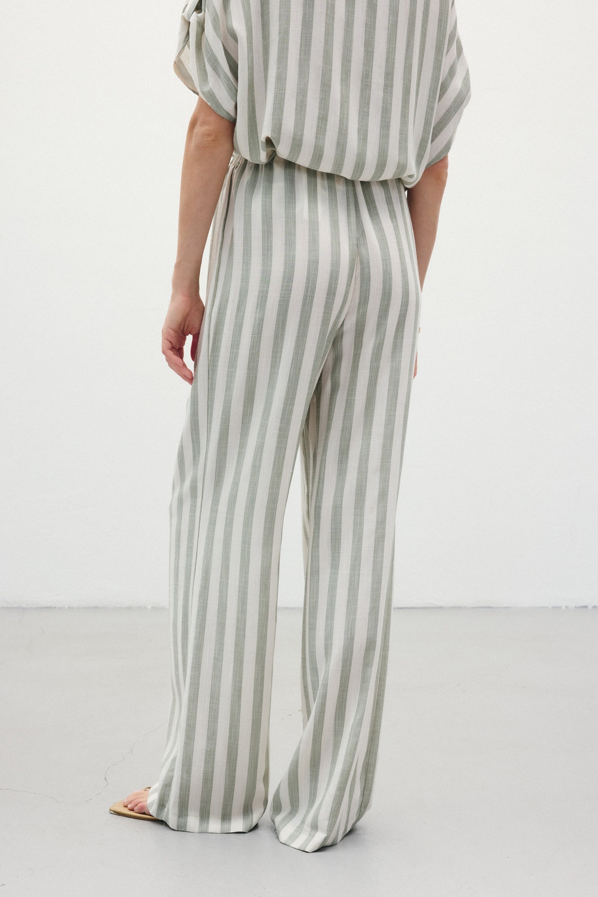 Çizgili Keten Karışımlı Pantolon - Haki