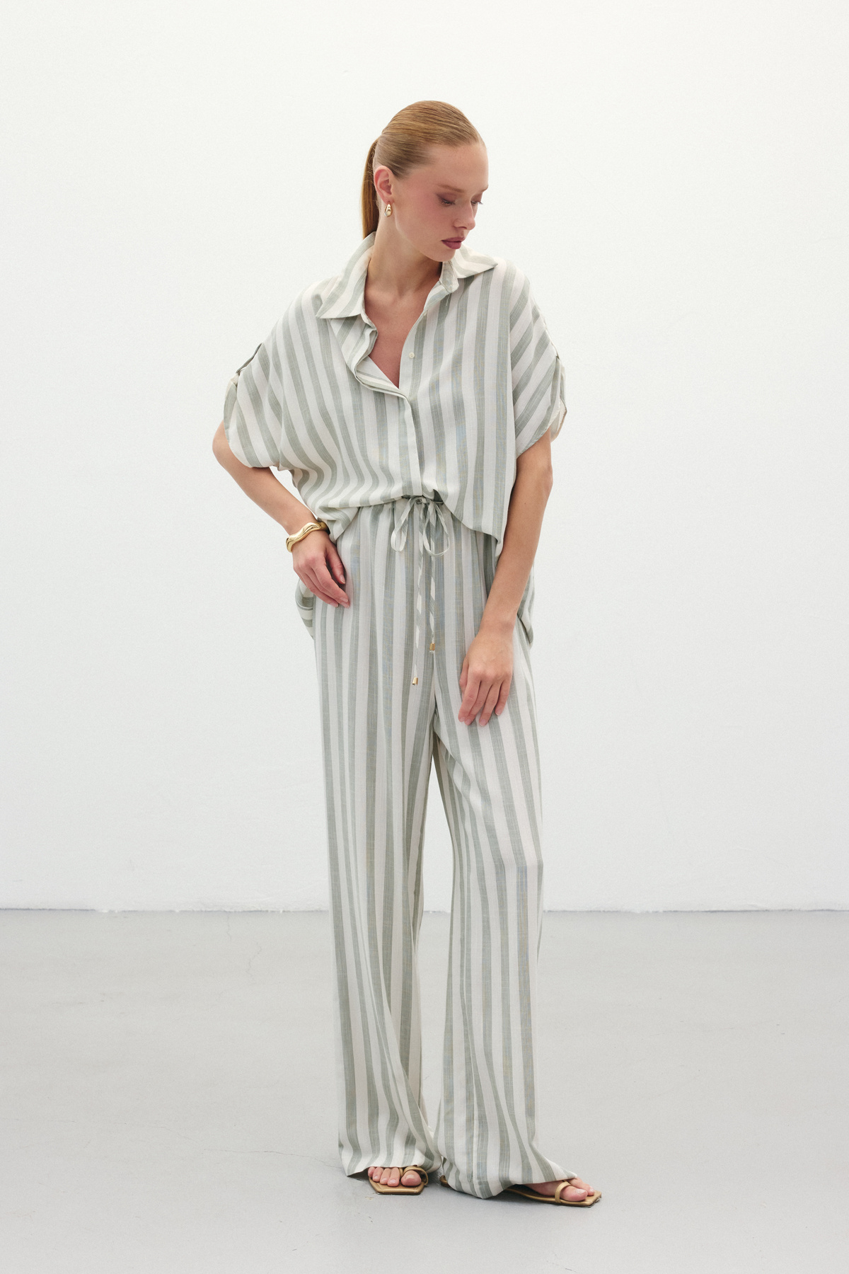 Çizgili Keten Karışımlı Pantolon - Haki