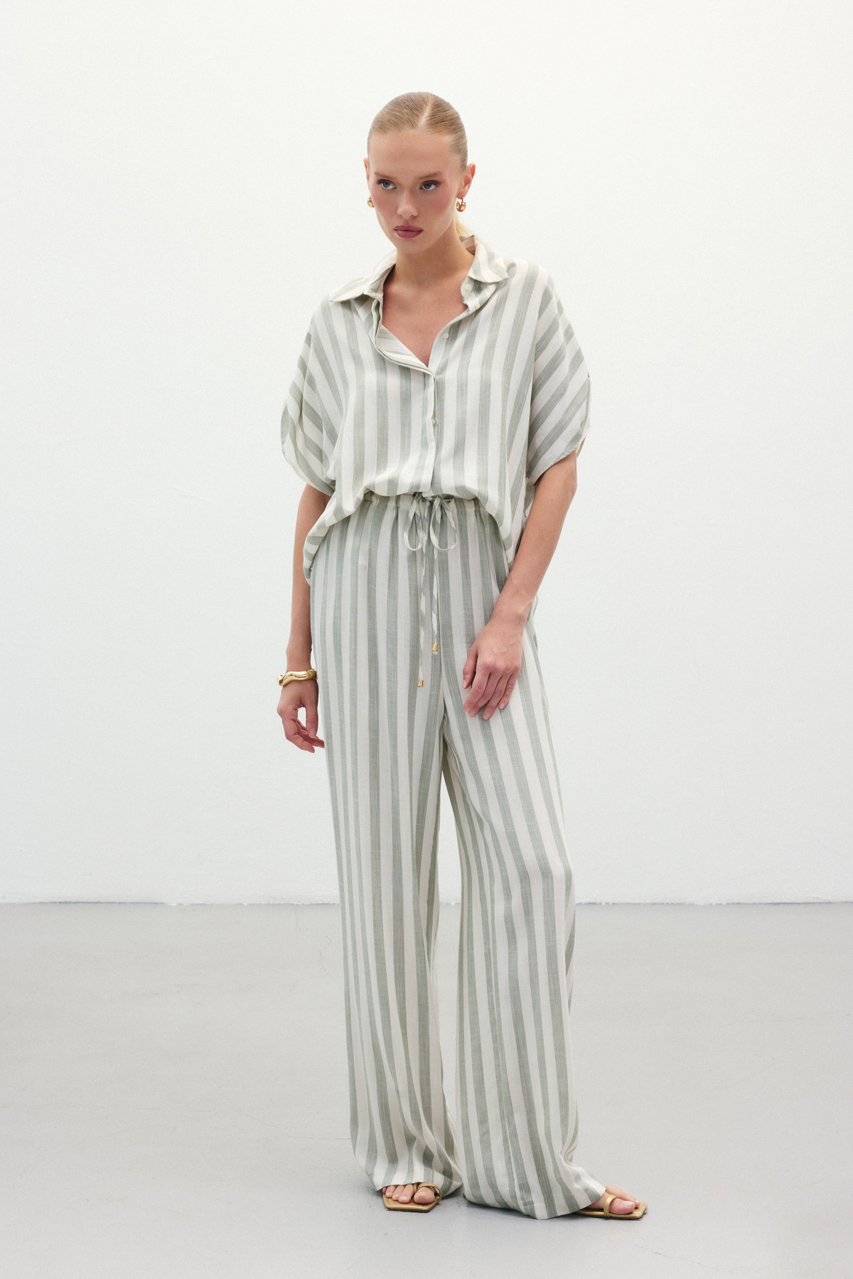 Çizgili Keten Karışımlı Pantolon - Haki