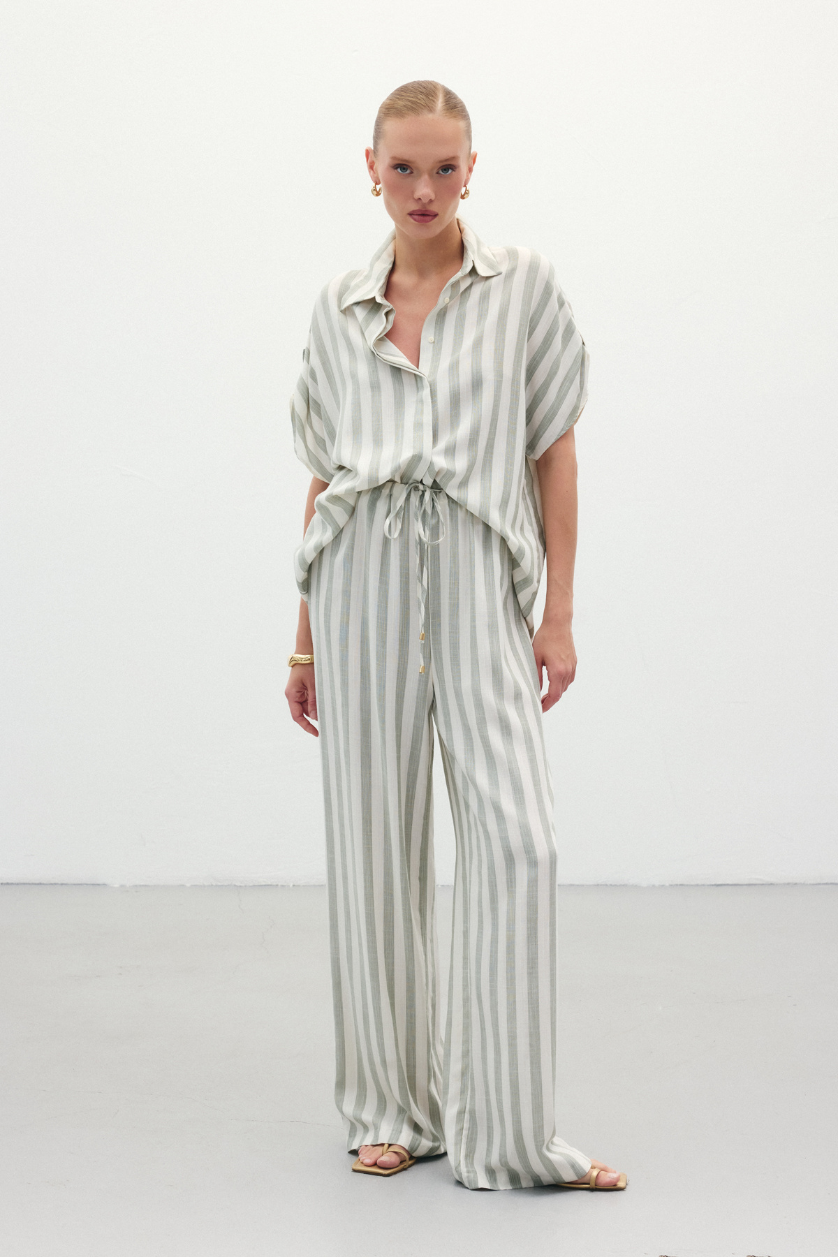 Çizgili Keten Karışımlı Pantolon - Haki