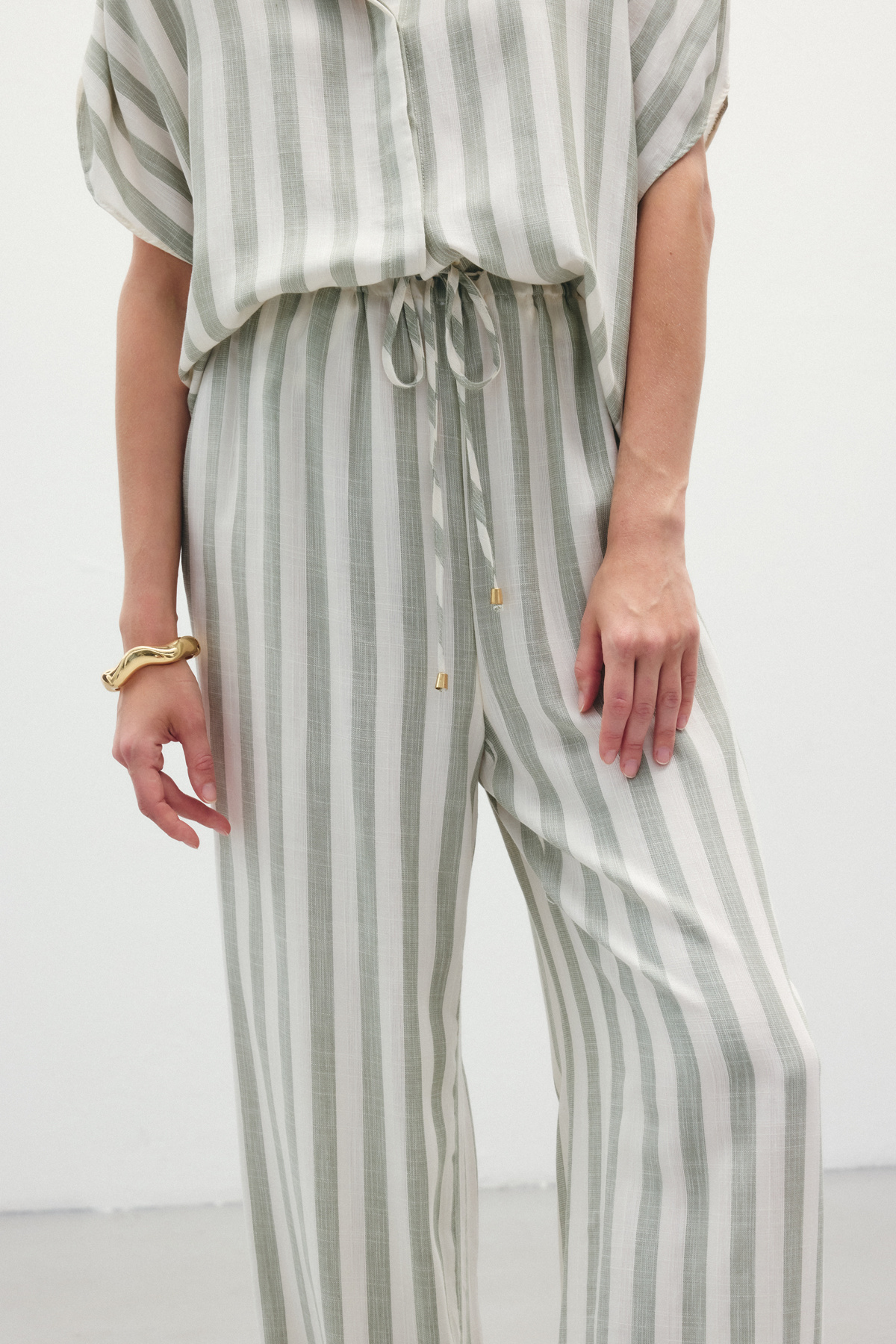 Çizgili Keten Karışımlı Pantolon - Haki