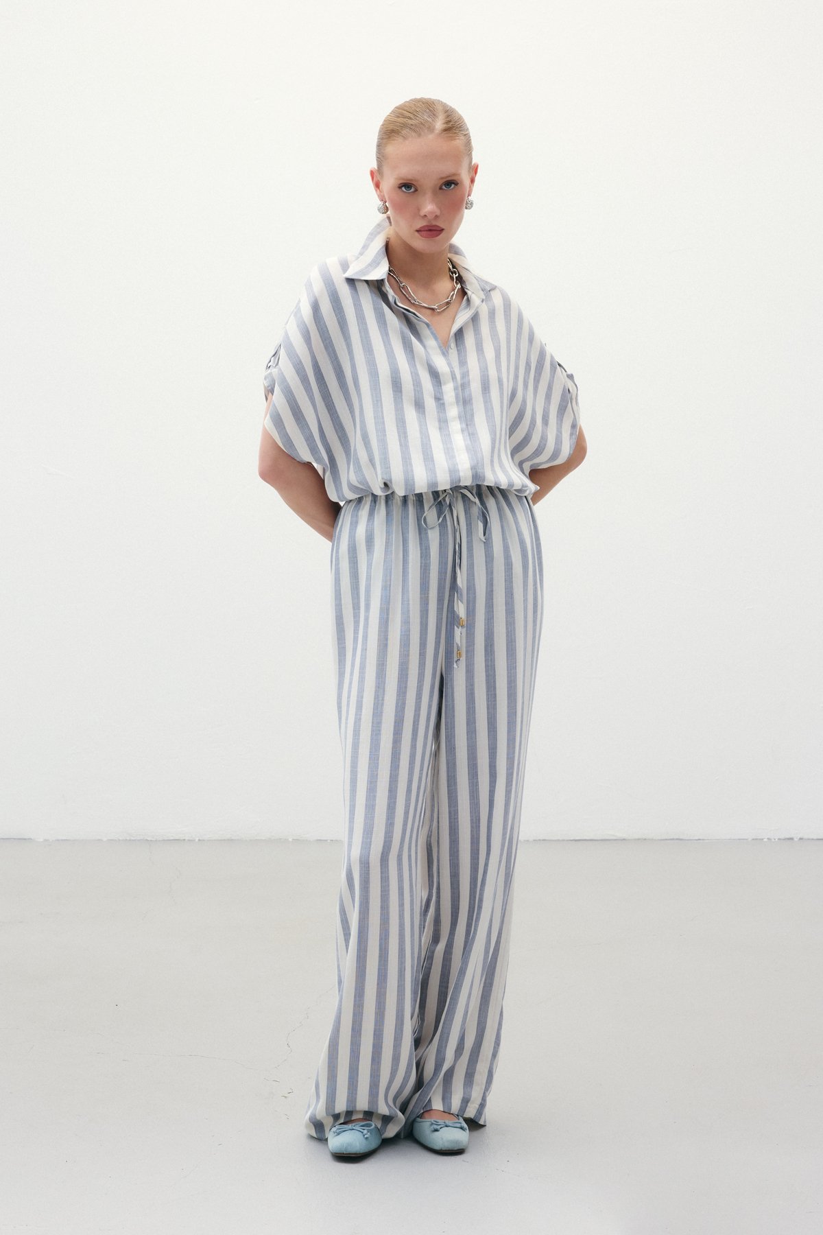 Çizgili Keten Karışımlı Pantolon - Lacivert