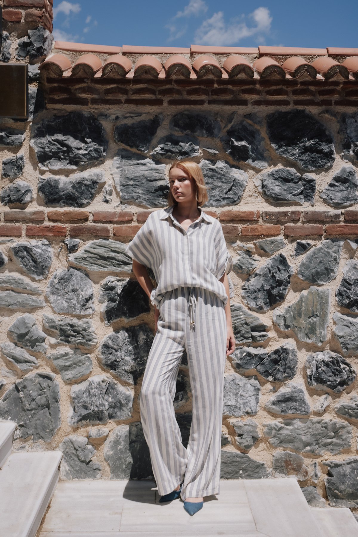 Çizgili Keten Karışımlı Pantolon - Lacivert