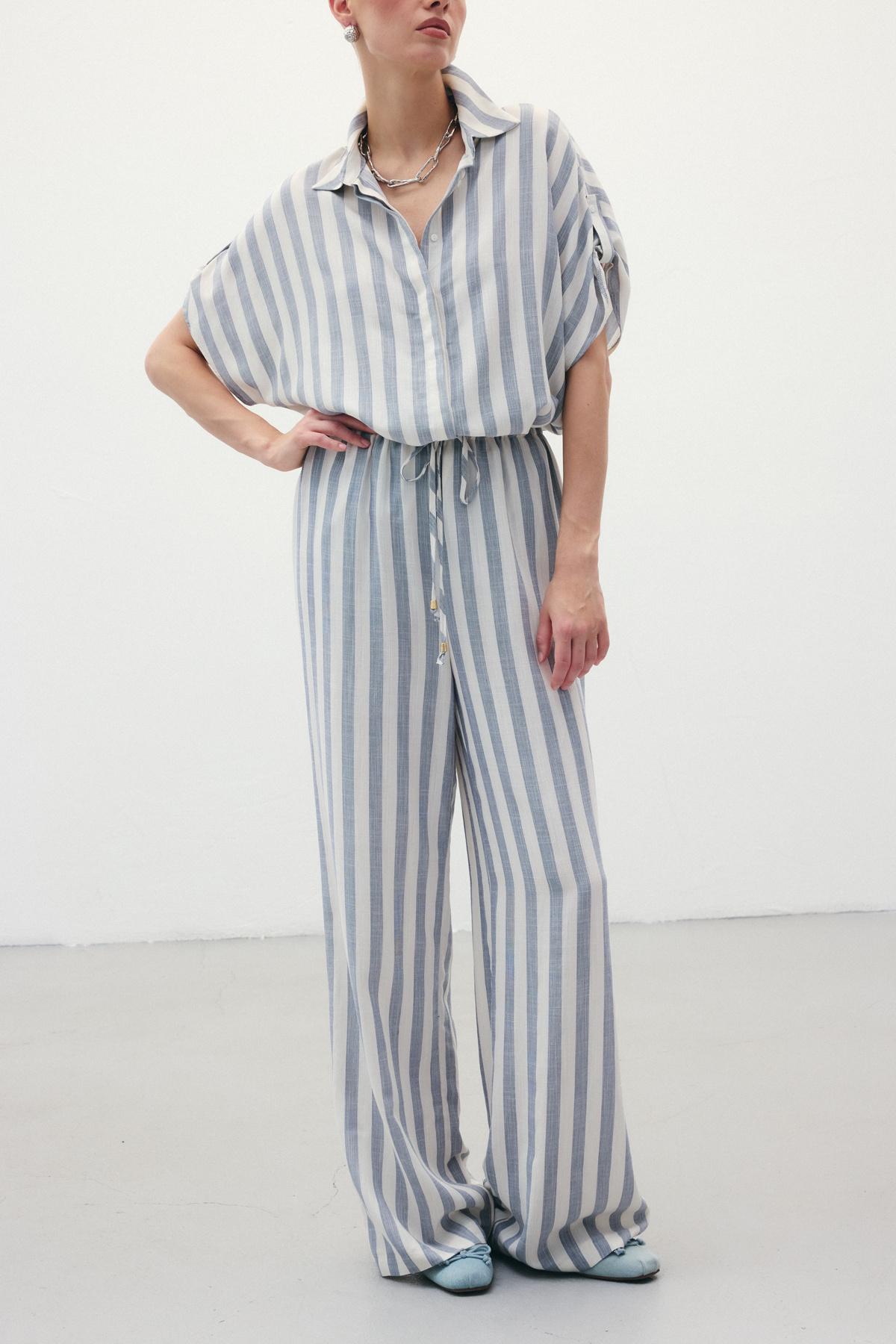 Çizgili Keten Karışımlı Pantolon - Lacivert