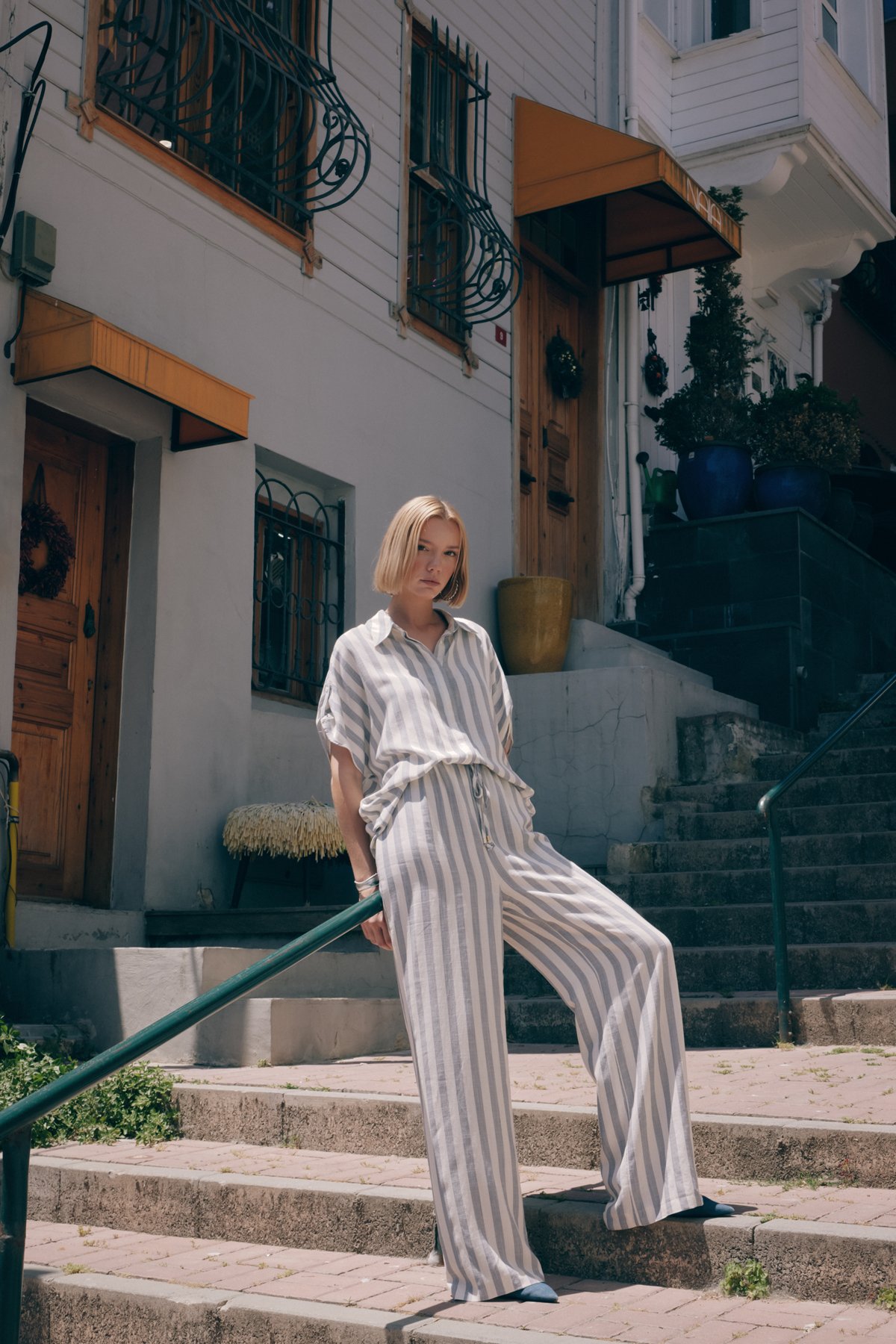 Çizgili Keten Karışımlı Pantolon - Lacivert