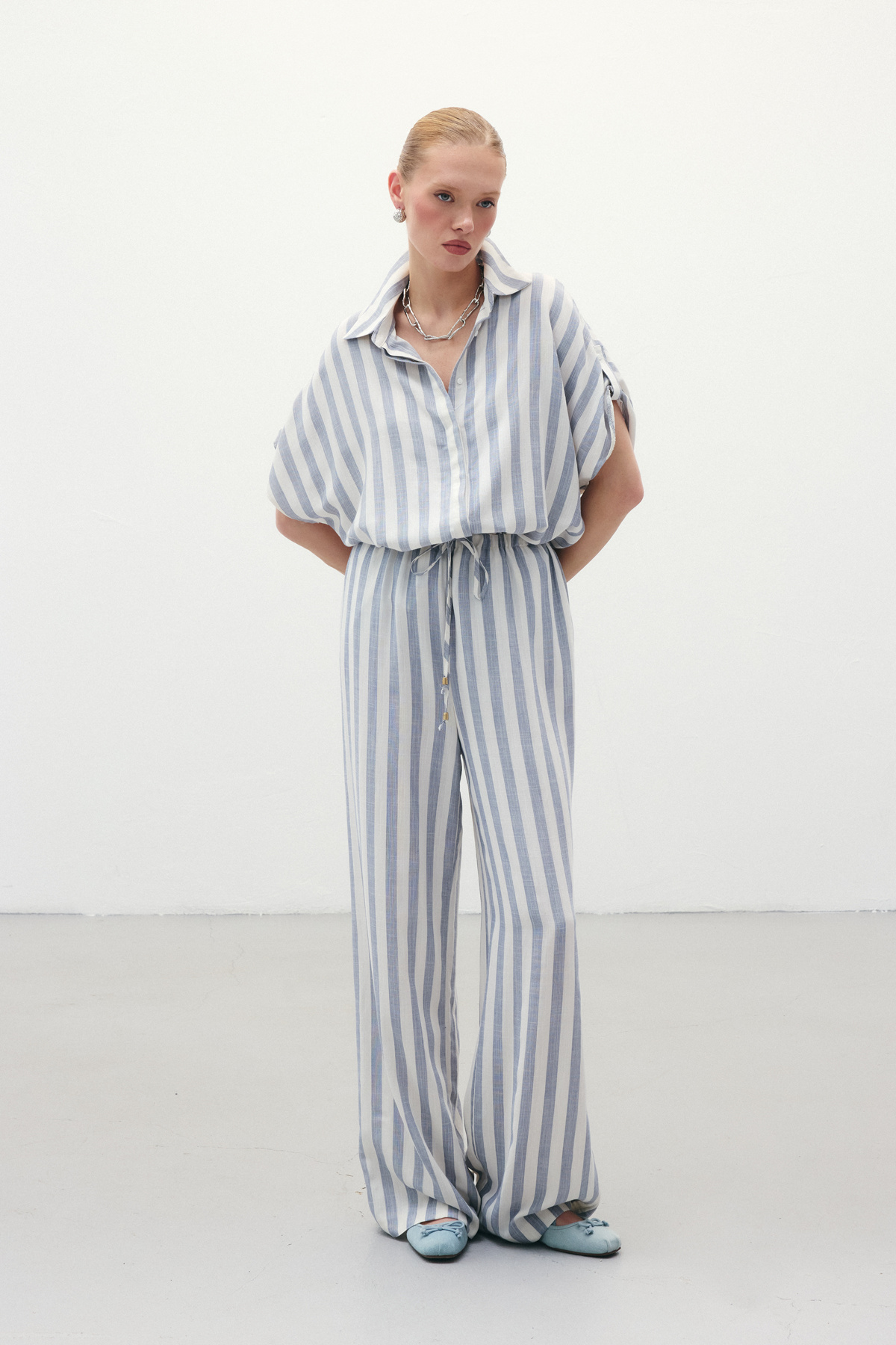 Çizgili Keten Karışımlı Pantolon - Lacivert