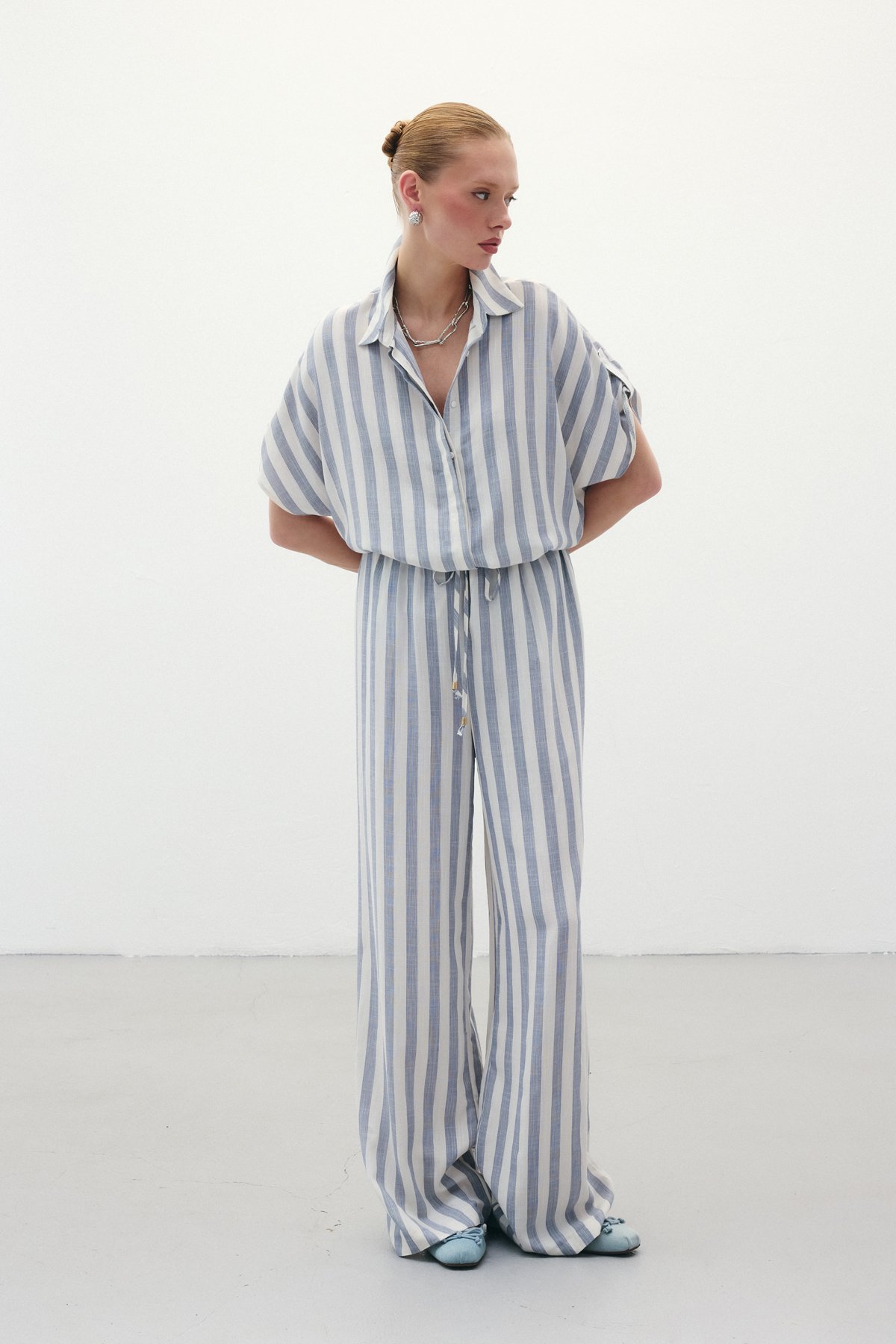 Çizgili Keten Karışımlı Pantolon - Lacivert