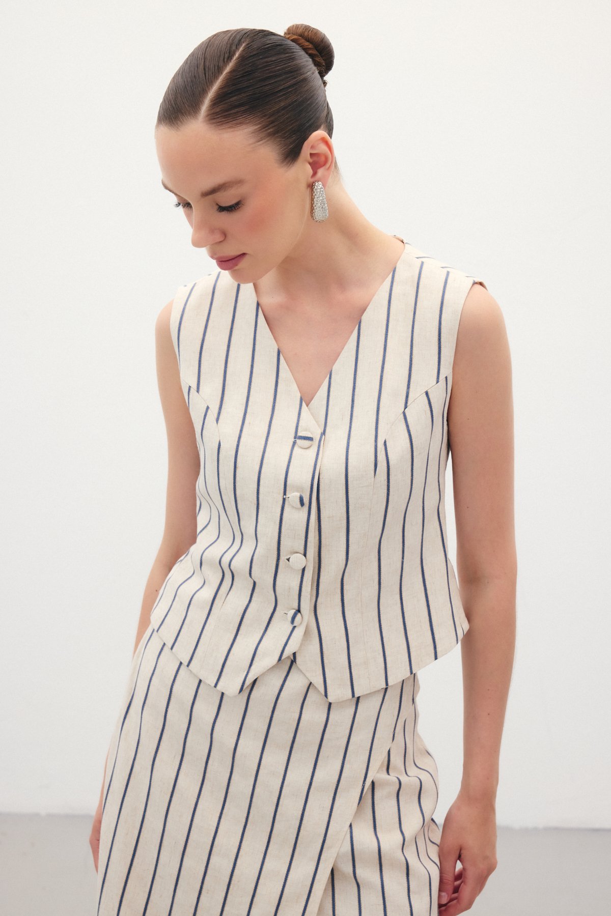 Çizgili Keten Karışımlı Yelek - Lacivert