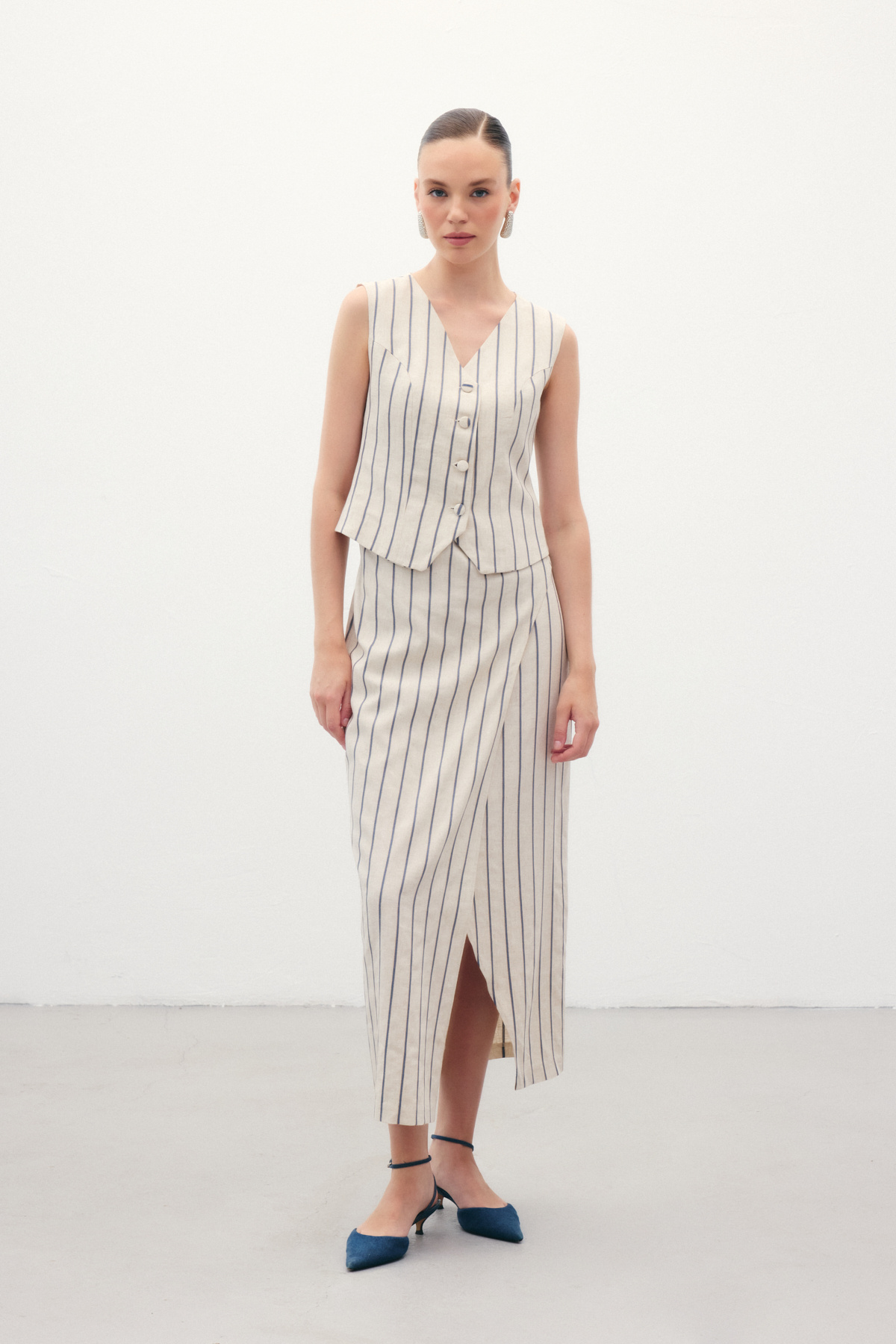 Çizgili Keten Karışımlı Yelek - Lacivert