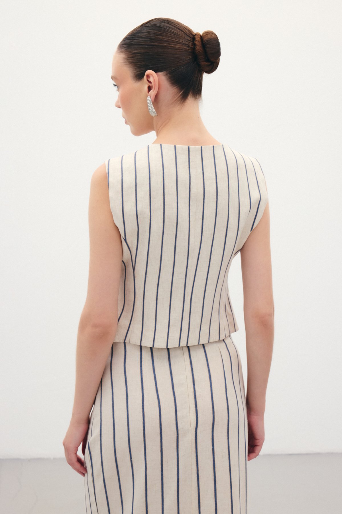 Çizgili Keten Karışımlı Yelek - Lacivert