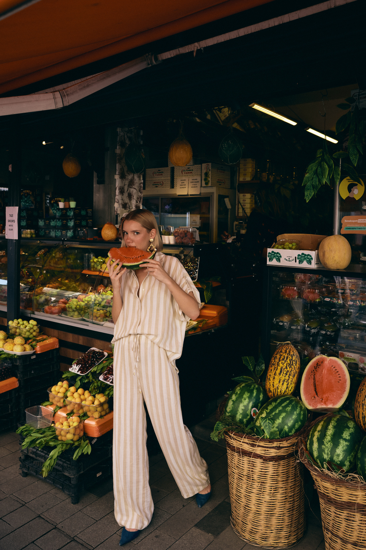 Çizgili Kısa Kol Gömlek - Bej
