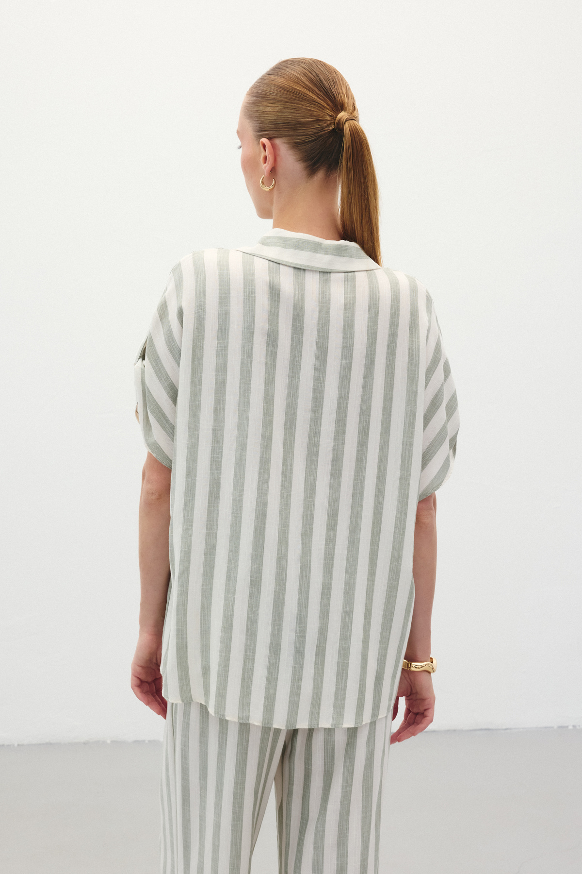 Çizgili Kısa Kol Gömlek - Haki