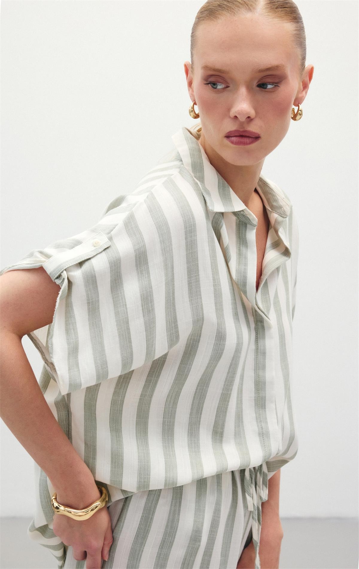 Çizgili Kısa Kol Gömlek - Haki