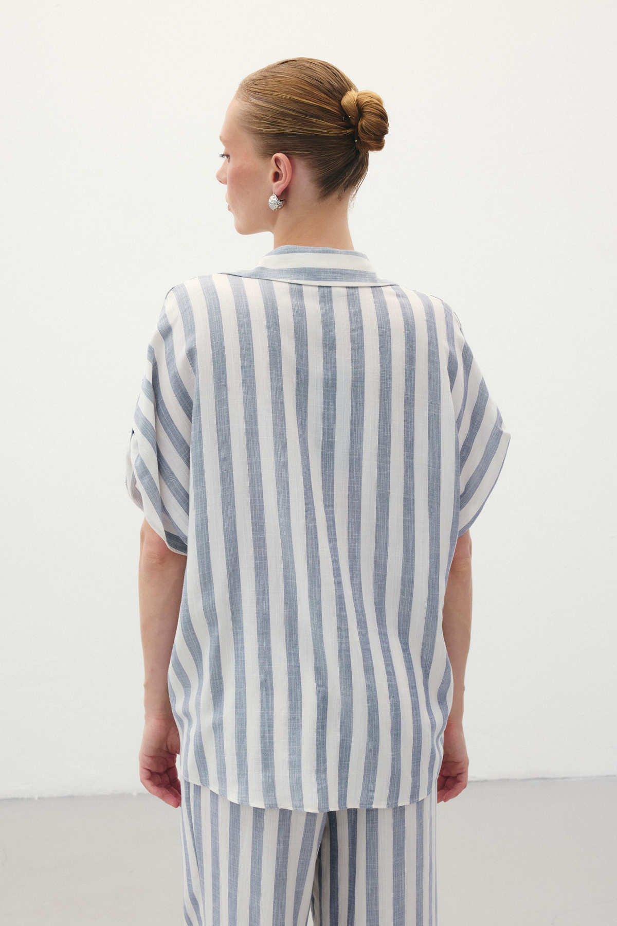 Çizgili Kısa Kol Gömlek - Lacivert