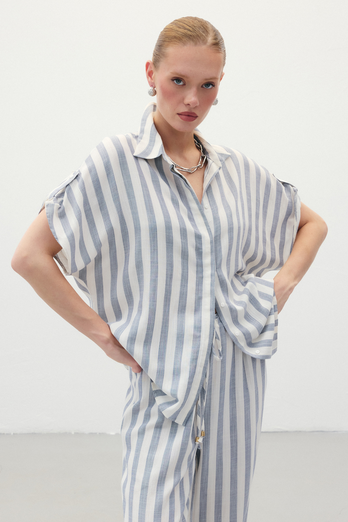 Çizgili Kısa Kol Gömlek - Lacivert