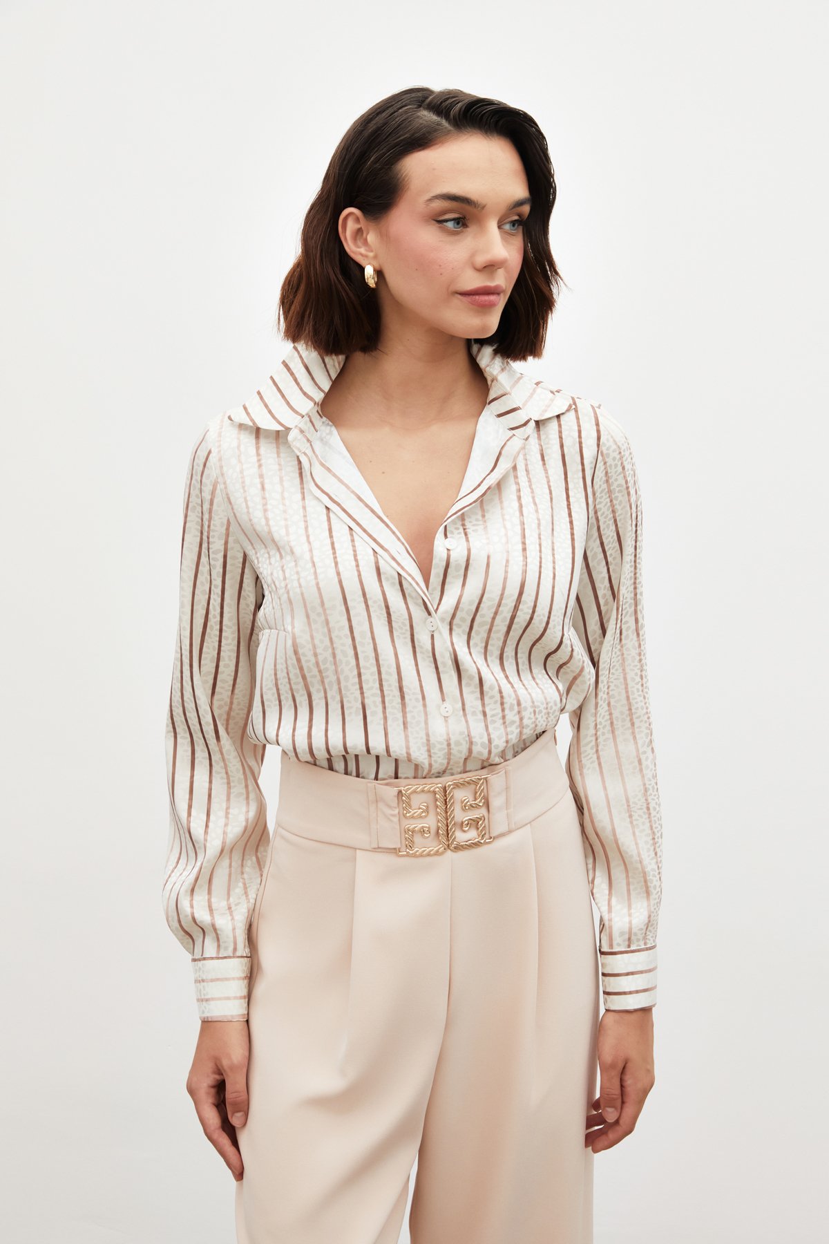 Çizgili Klasik Gömlek - KAHVE