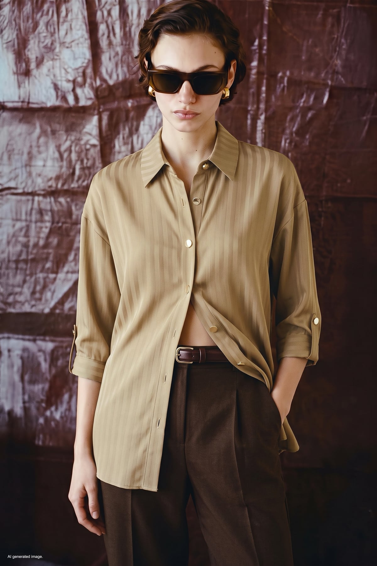 Striped Roll-Up Sleeve Shirt - Beıge