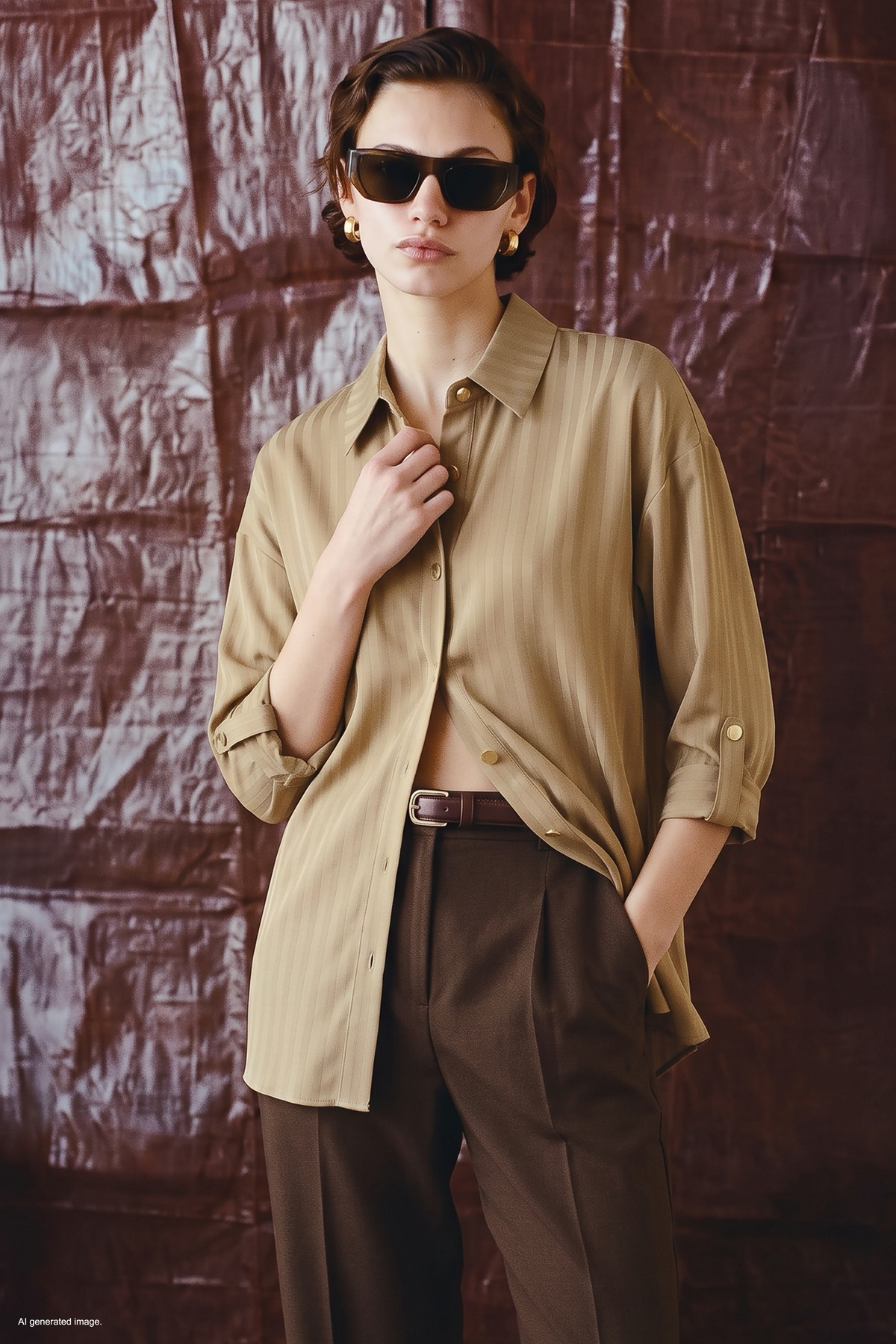Striped Roll-Up Sleeve Shirt - Beıge
