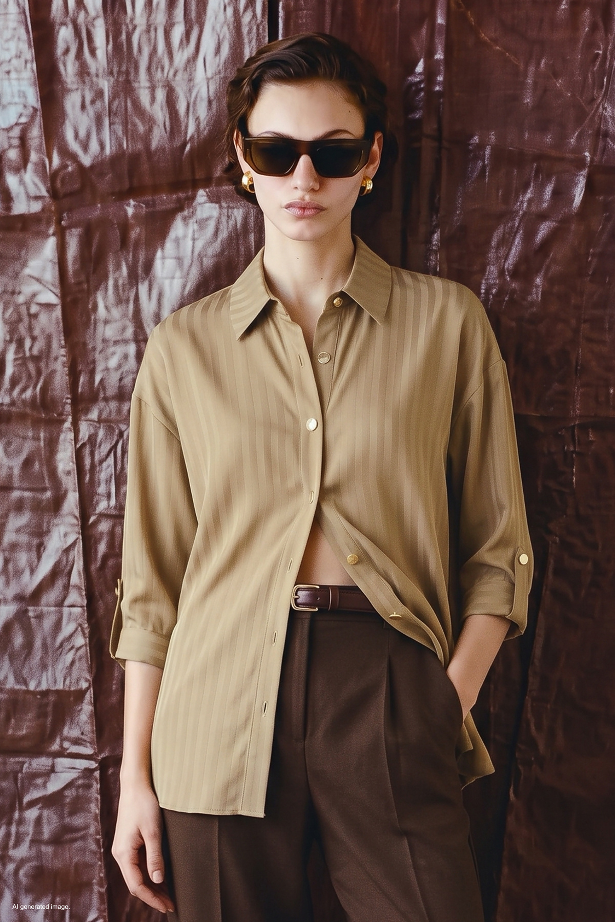 Striped Roll-Up Sleeve Shirt - Beıge