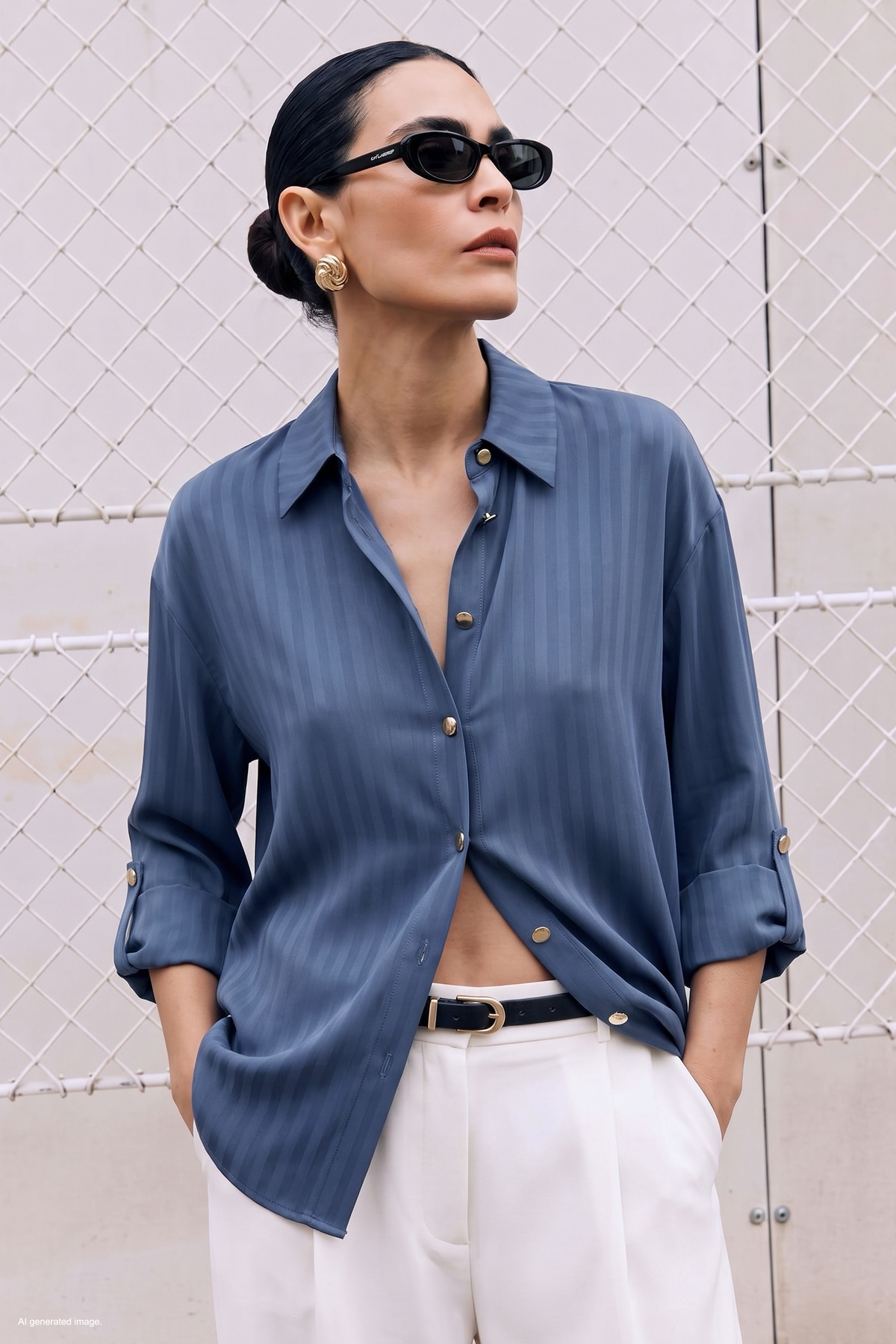 Striped Roll-Up Sleeve Shirt - Indıgo