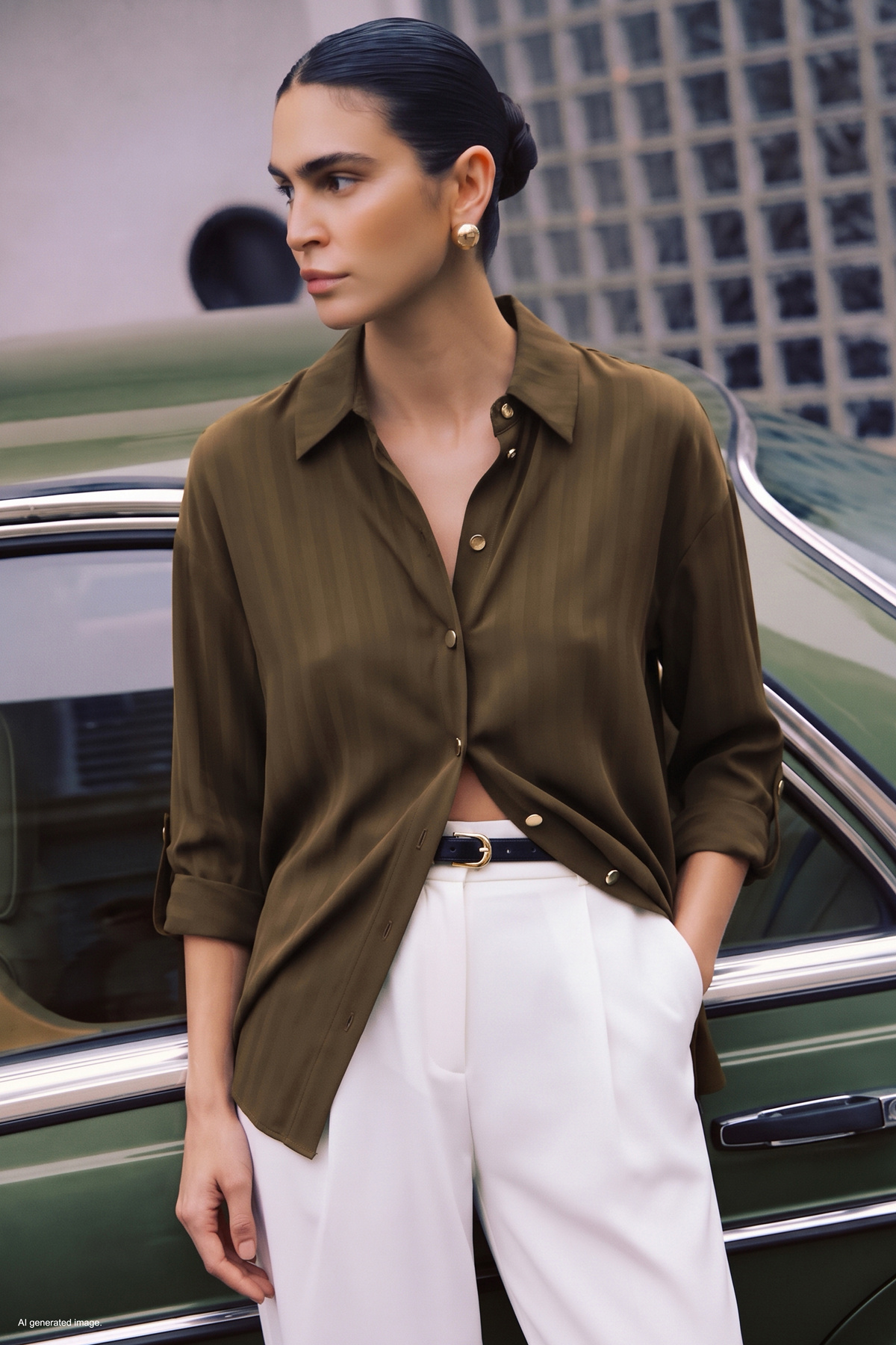 Striped Roll-Up Sleeve Shirt - Coffee wıth mılk